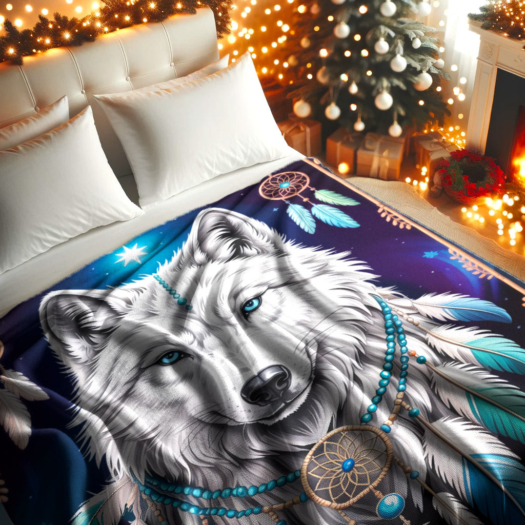 Sacred Wolf Dreamcatcher Blue, White, and Feather Spirit Cozy Fleece Blanket