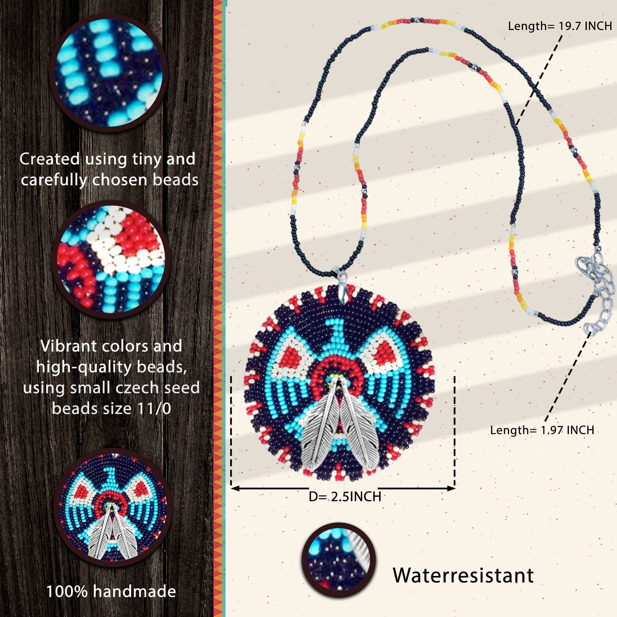 SALE 50% OFF - Dark Blue Thunderbird Beaded Patch Necklace Pendant