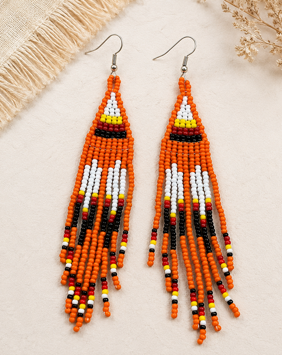 Every Child Matters Handmade Orange Beaded Earrings – Long Fringe Seed Bead Jewelry
