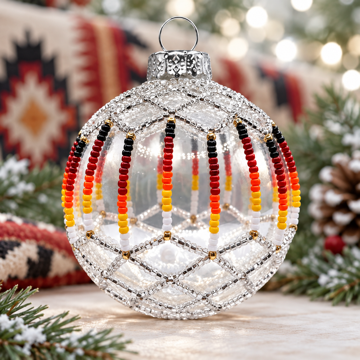 Silver Opal Beaded Ornament Handcrafted Holiday Decor Gift