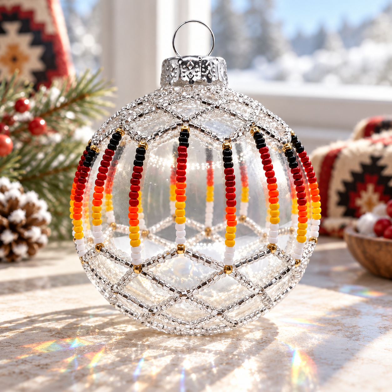 Silver Opal Beaded Ornament Handcrafted Holiday Decor Gift
