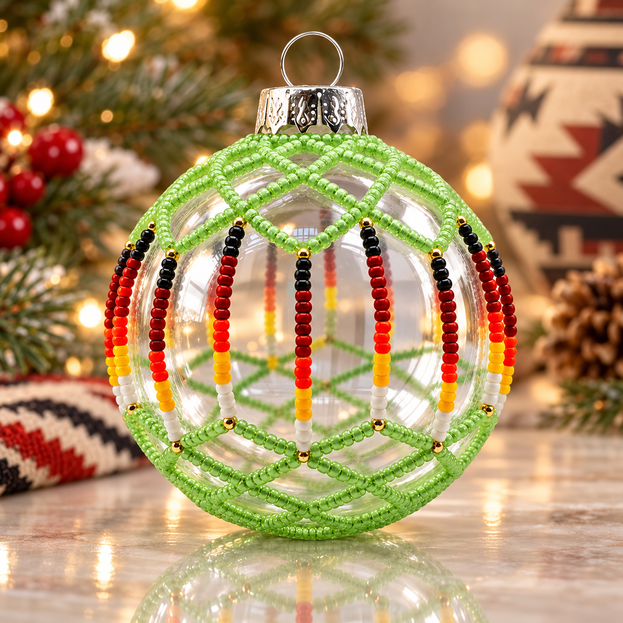 Green Beaded Ornament Handcrafted Holiday Decor Gift