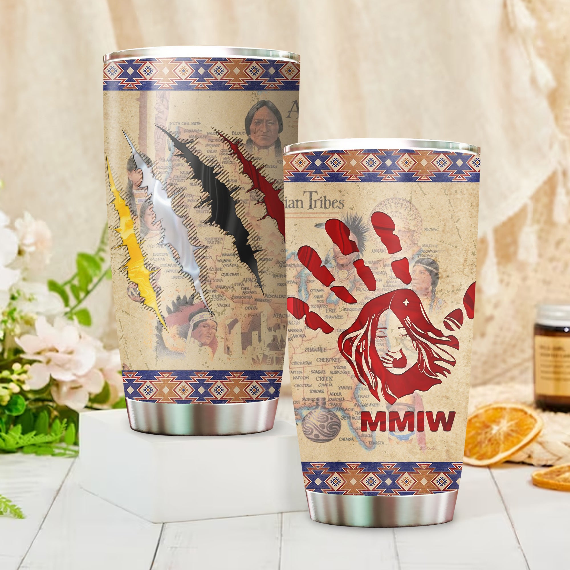 MMIW Red Hand and Maps Native American Tumbler Stainless Steel Drinking Cup