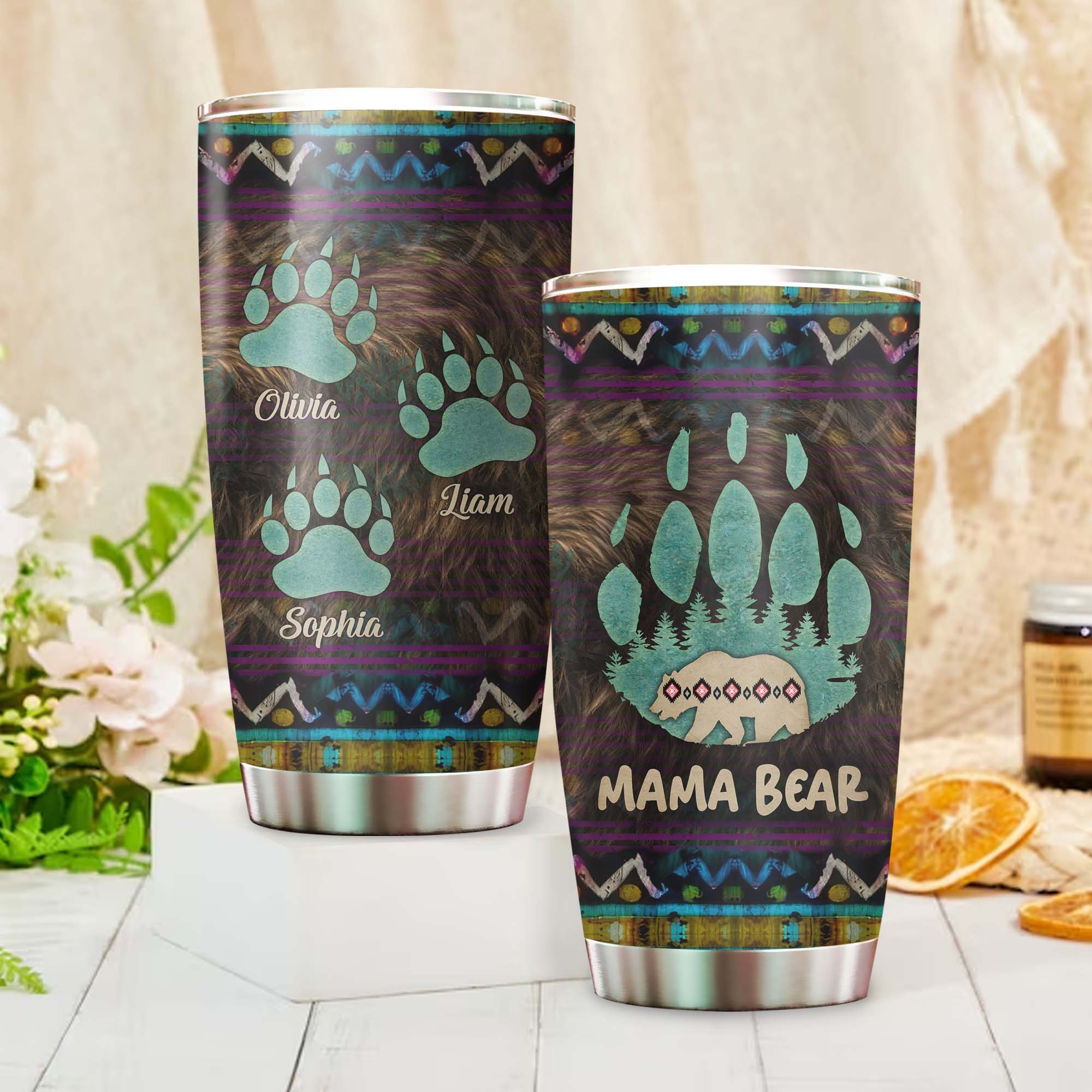 Native American Mama Bear Tumbler Stainless Steel Drinking Cup (Custom Name Design)