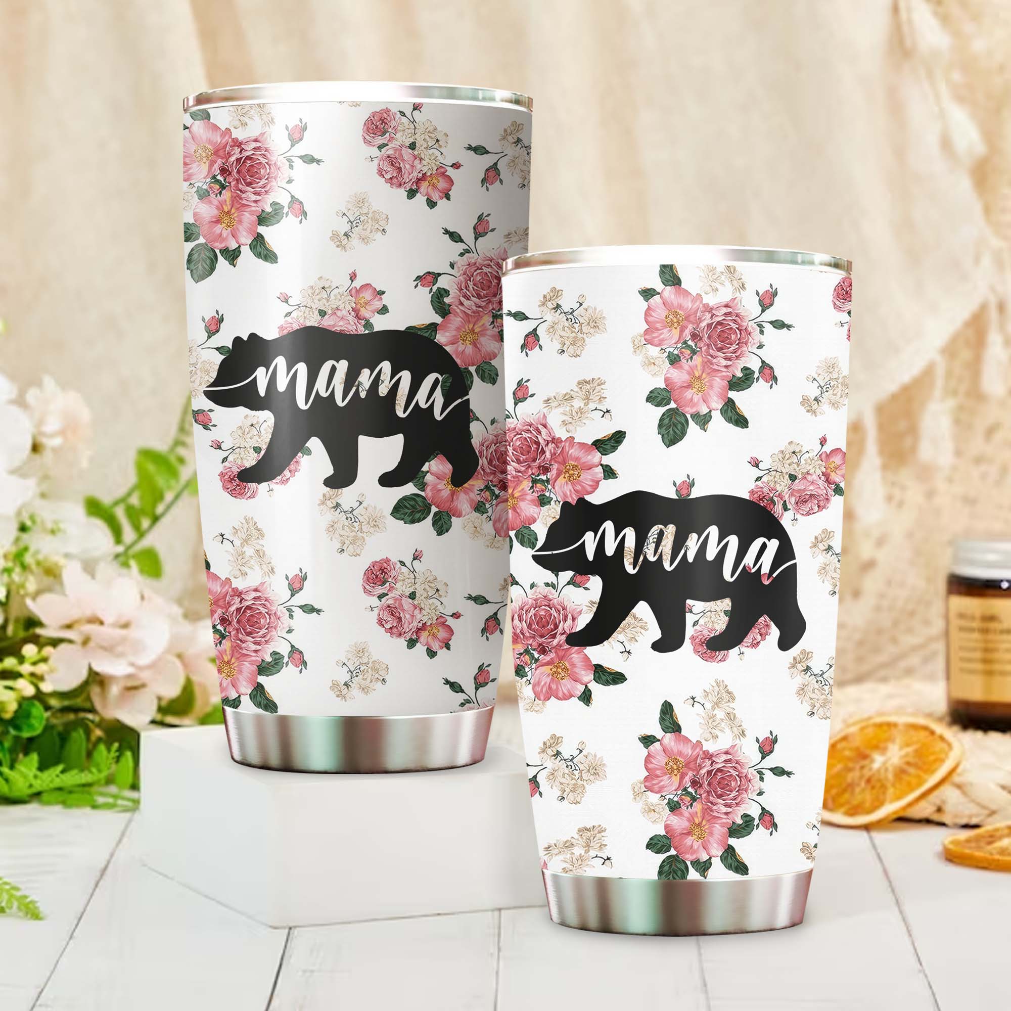 Native AmericanMama Bear Floral Tumbler Stainless Steel Drinking Cup
