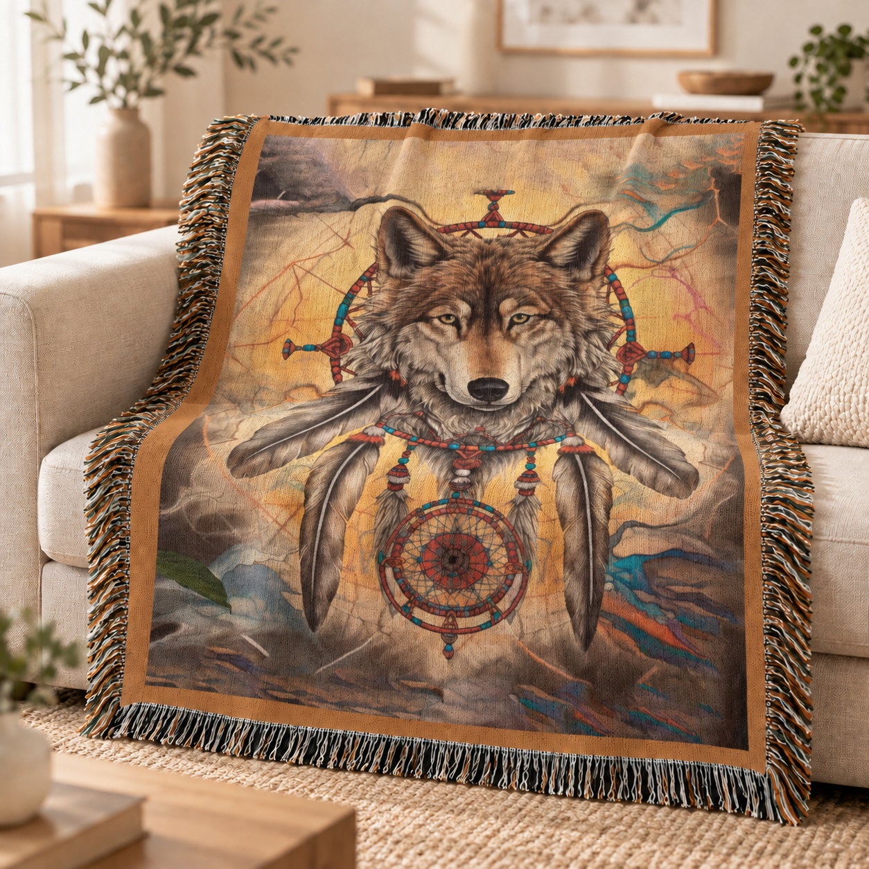 Native American Wolf Woven Throw Blanket - Dreamcatcher Decor