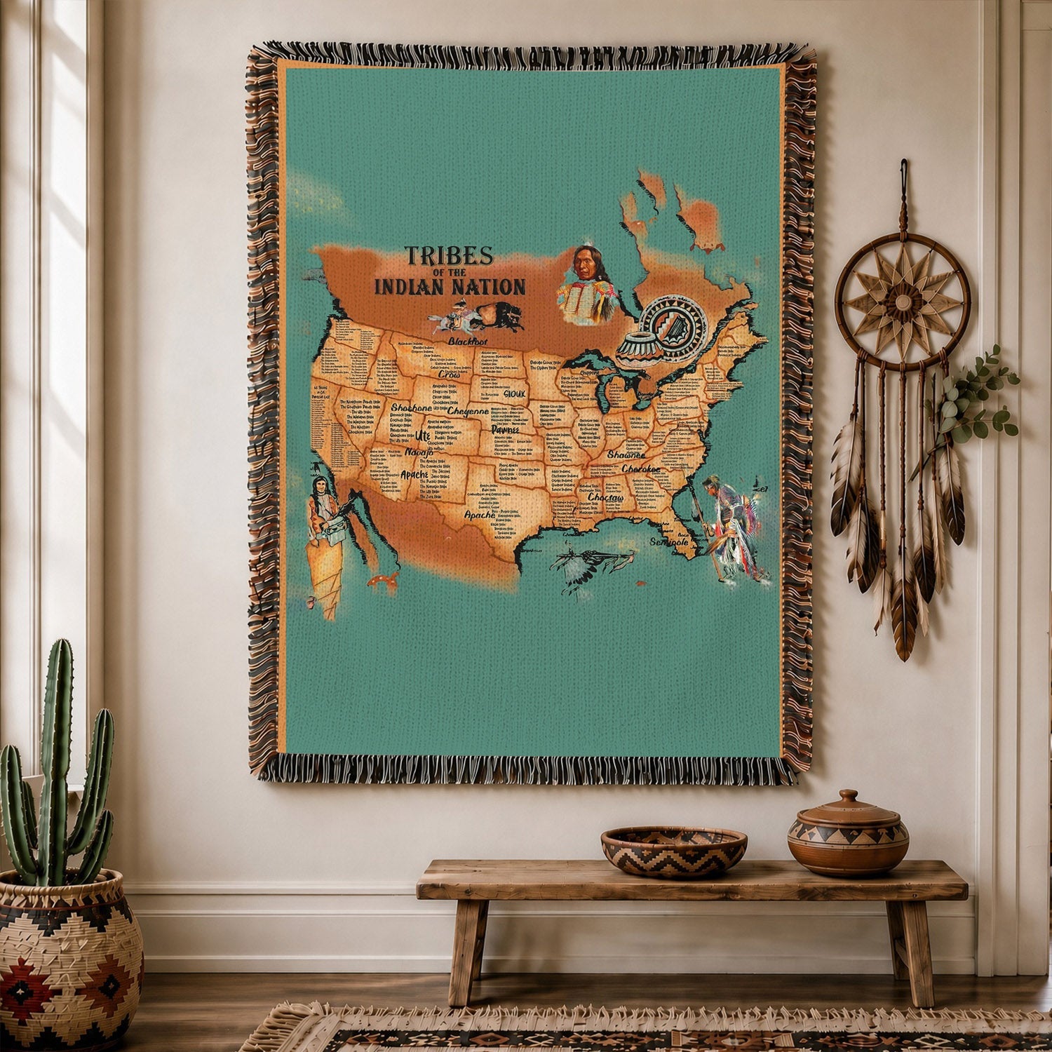 Native American Tribes Map Woven Throw Blanket - Heritage Decor