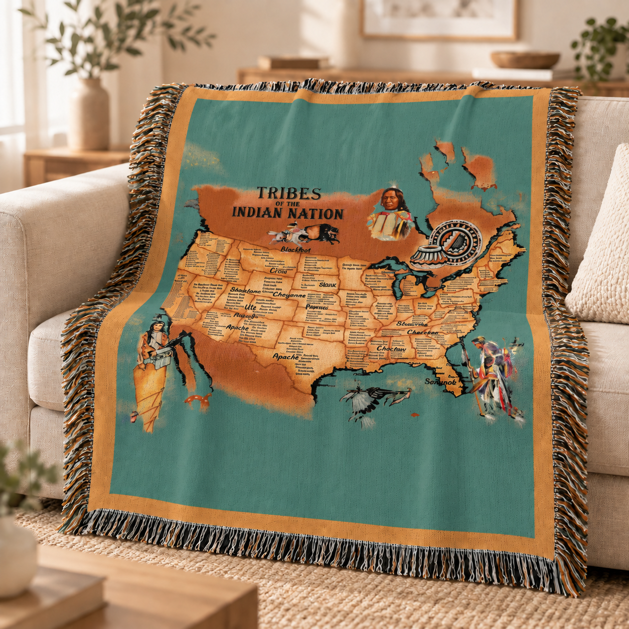 Native American Tribes Map Woven Throw Blanket - Heritage Decor