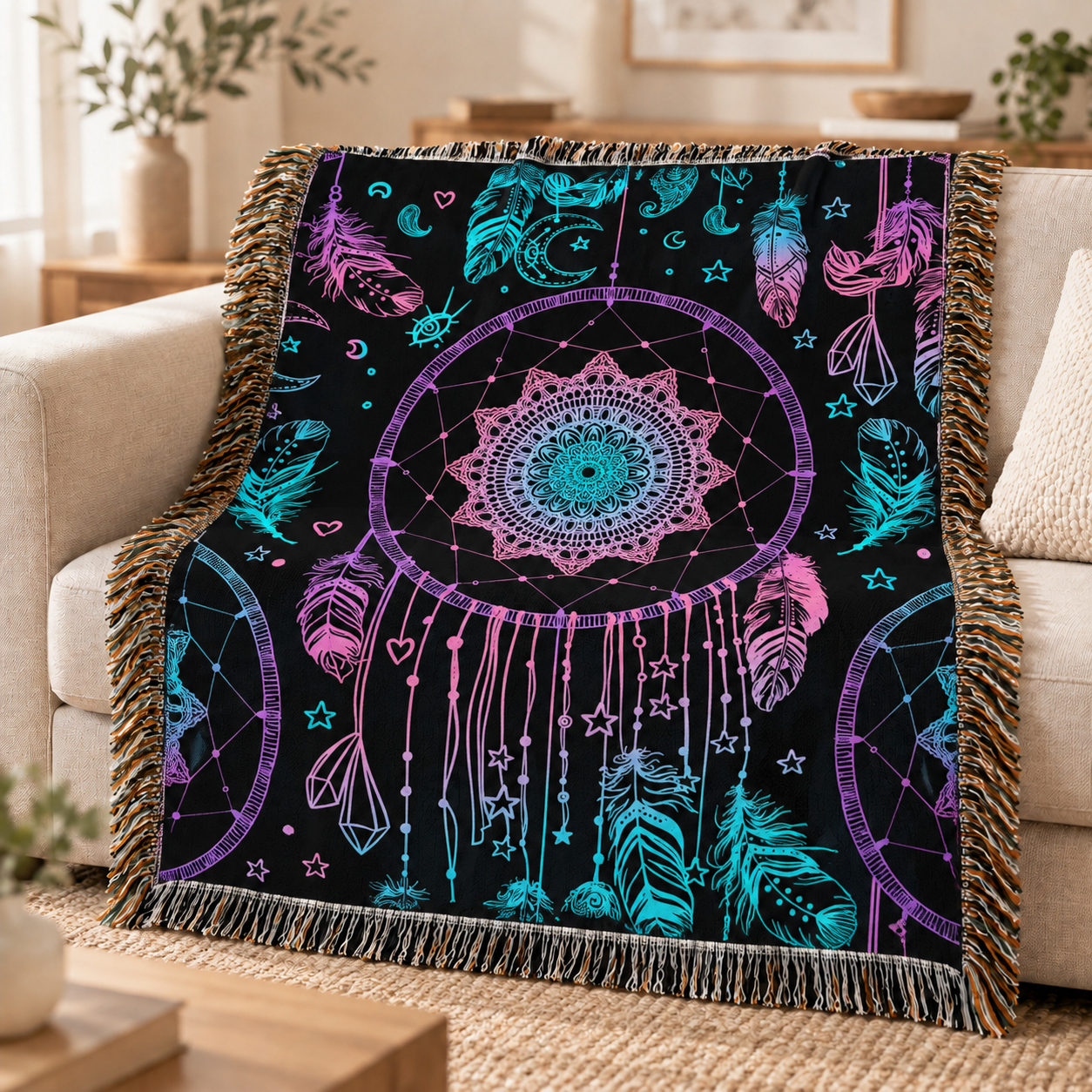 Dreamcatcher Woven Throw Blanket - Boho Feather Spiritual Decor