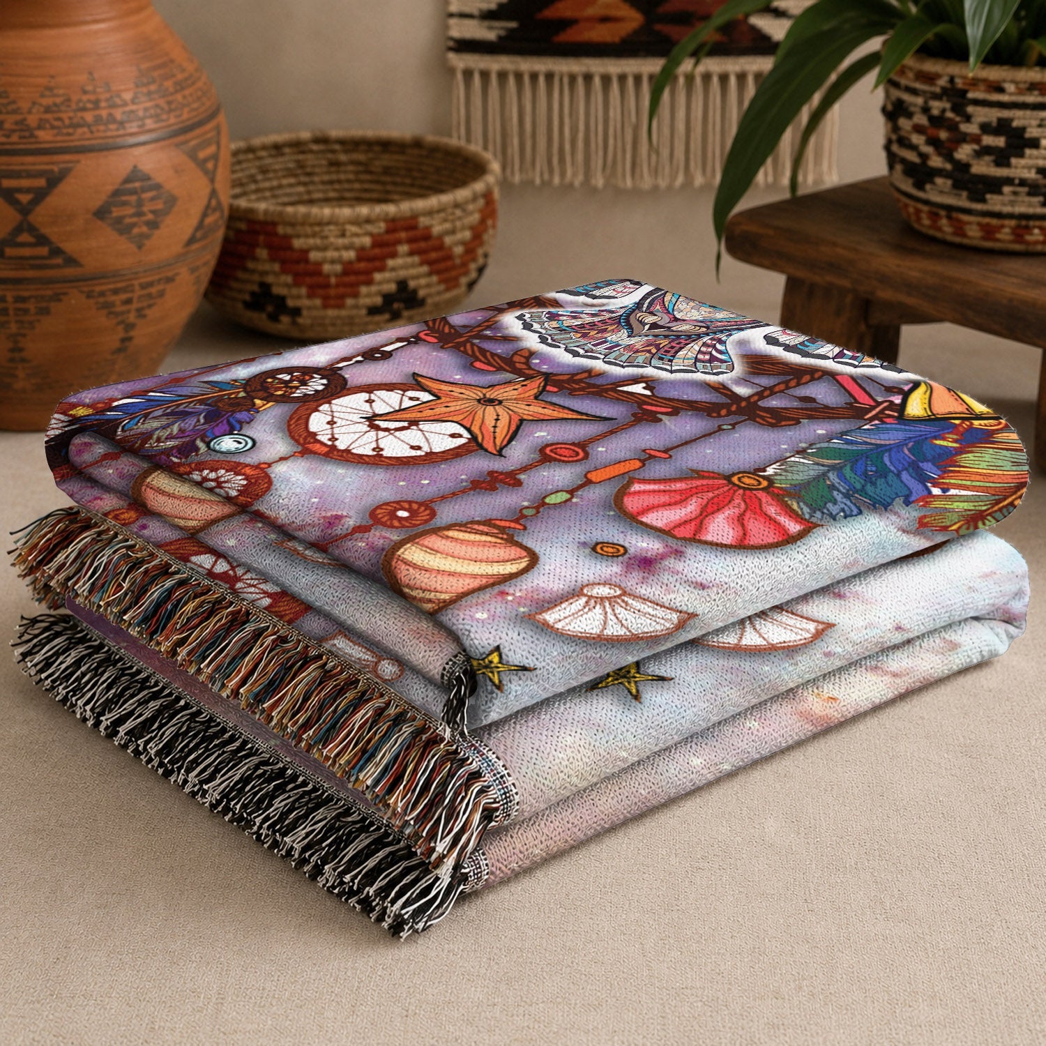 Native American Owl Woven Throw Blanket - Dreamcatcher Spiritual Decor