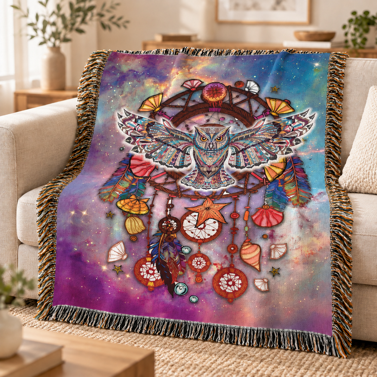 Native American Owl Woven Throw Blanket - Dreamcatcher Spiritual Decor