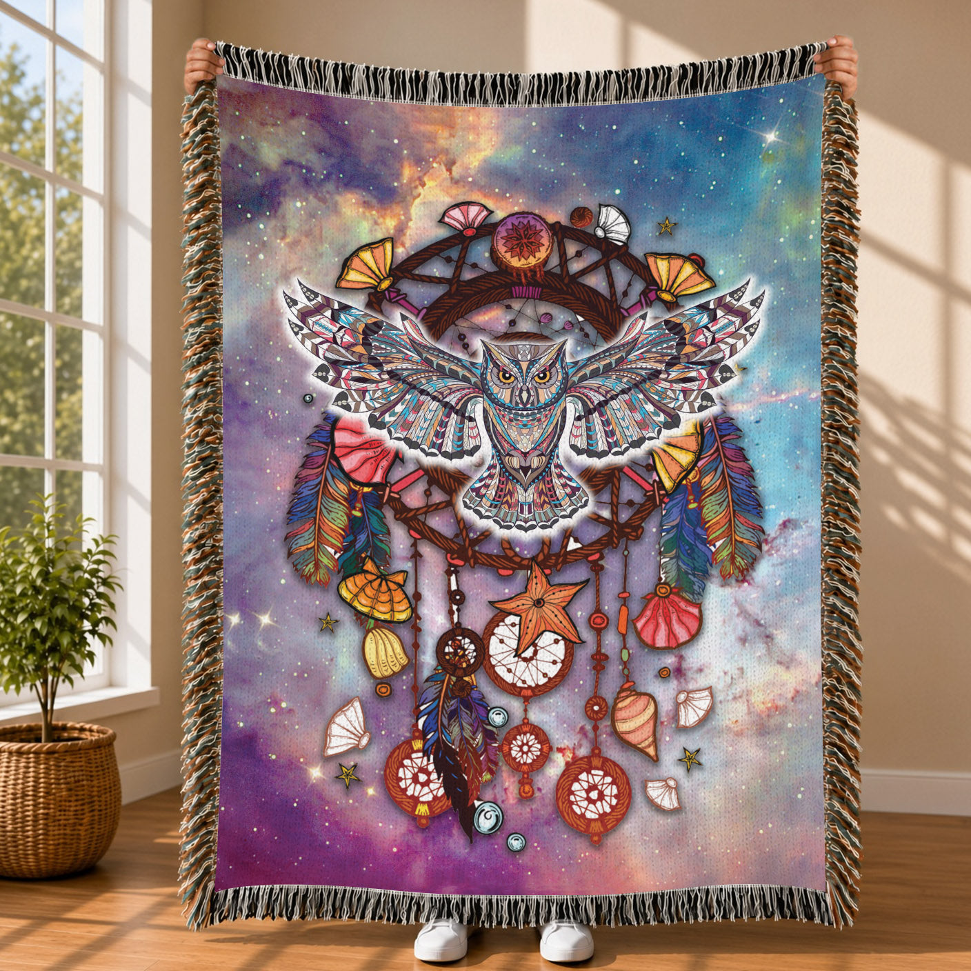 Native American Owl Woven Throw Blanket - Dreamcatcher Spiritual Decor