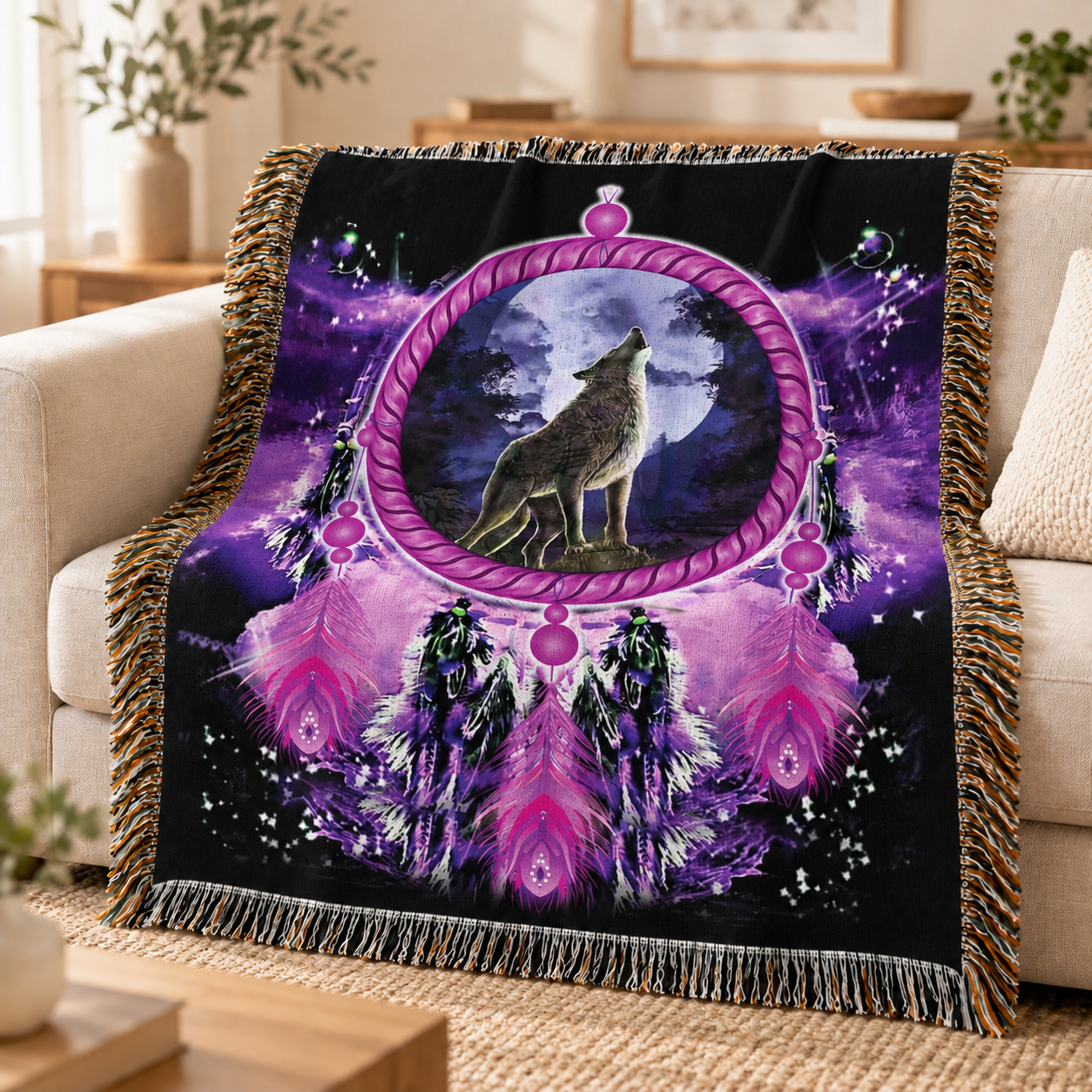 Native American Wolf Woven Throw Blanket - Dreamcatcher Decor