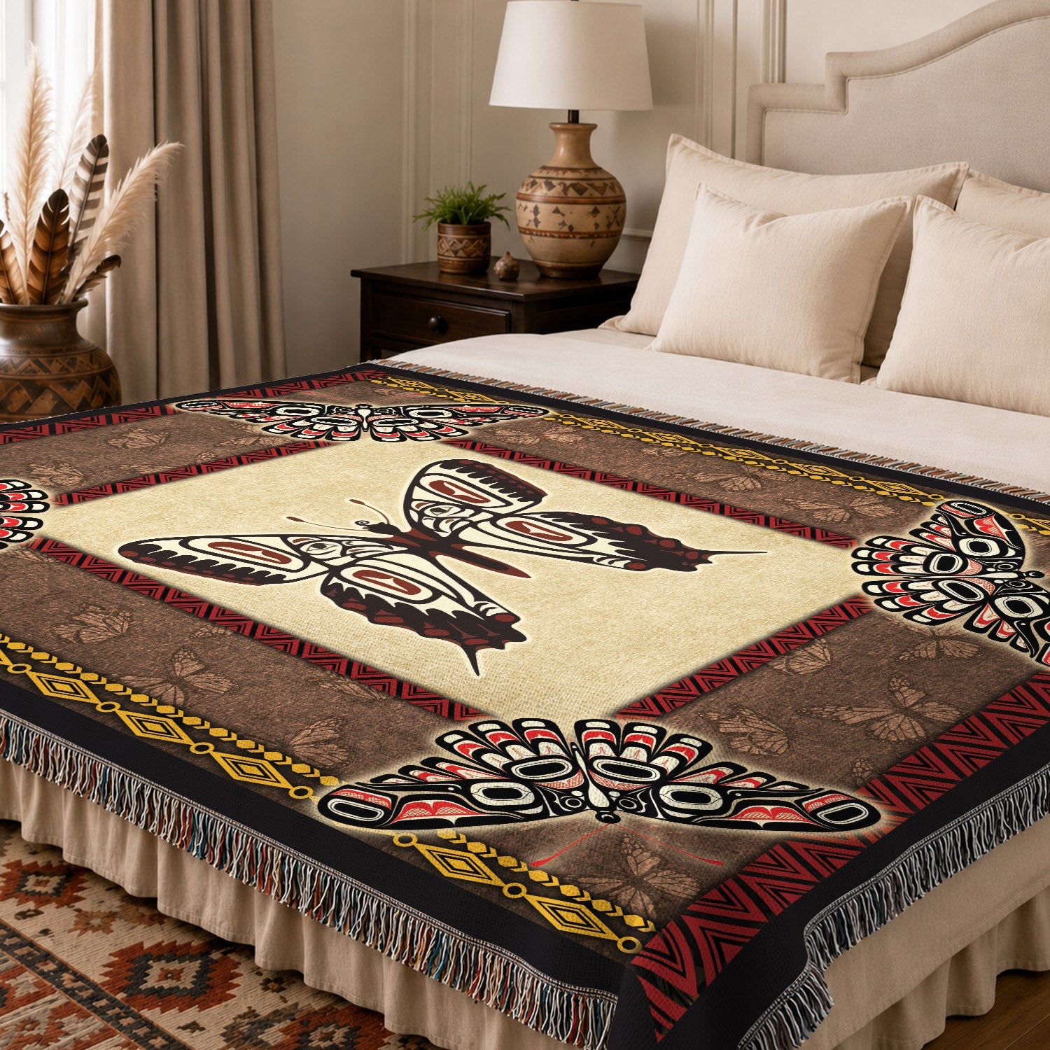 Native American Butterfly Woven Throw Blanket - Tribal Home Decor