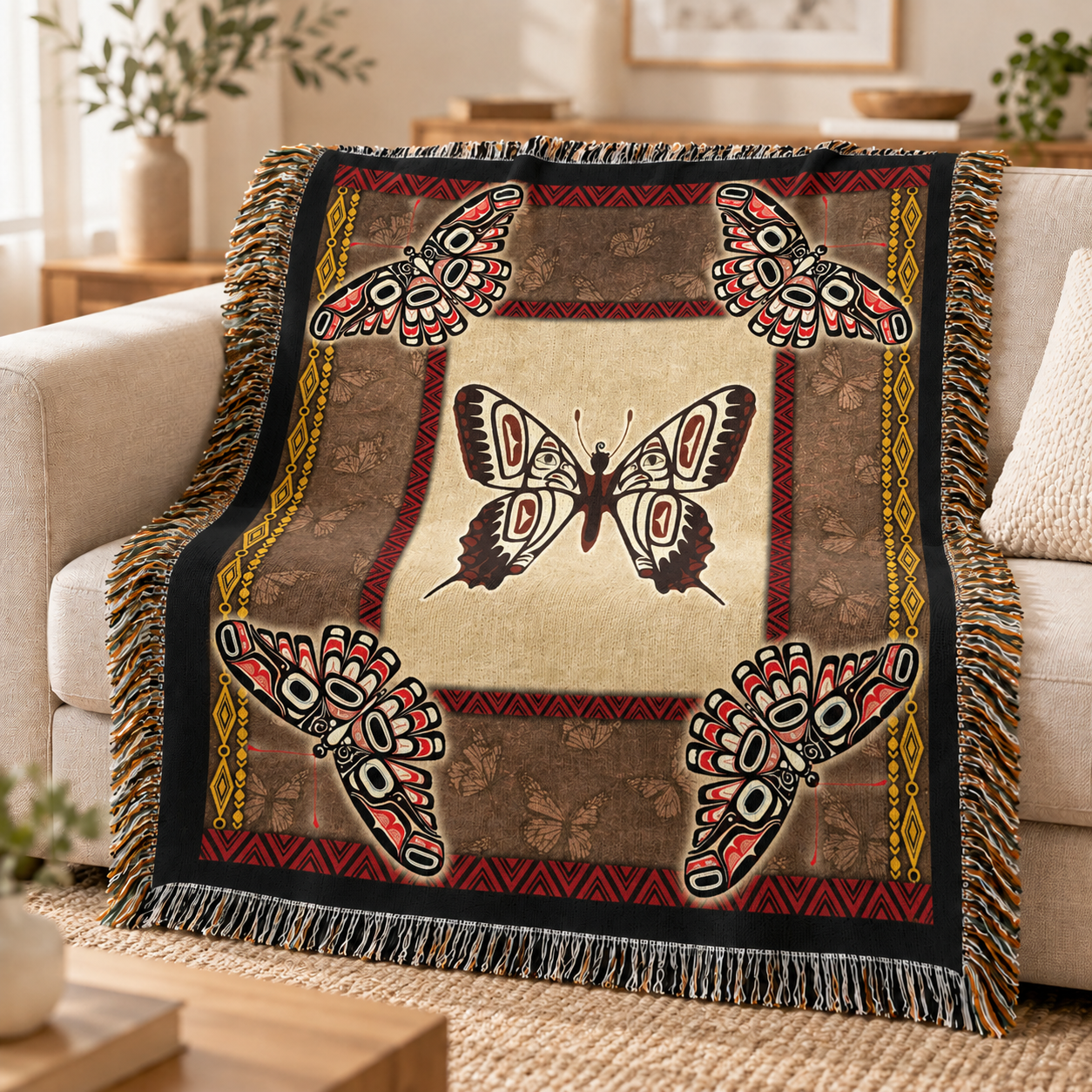 Native American Butterfly Woven Throw Blanket - Tribal Home Decor