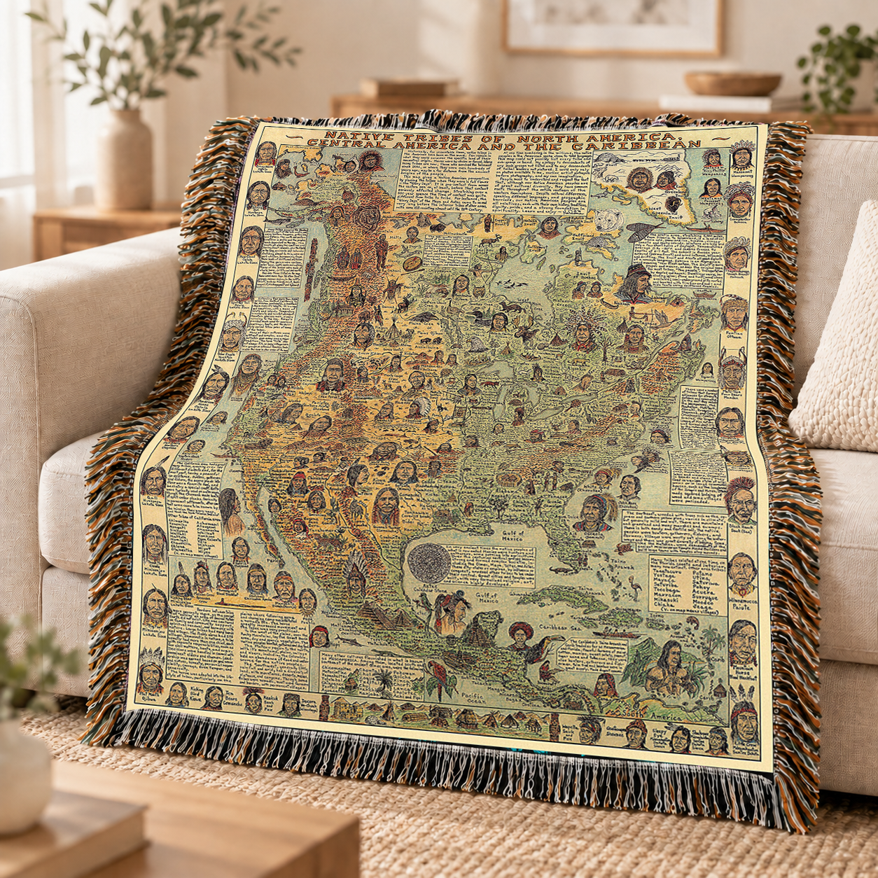 Native American Map Woven Throw Blanket - Tribal Heritage Blanket