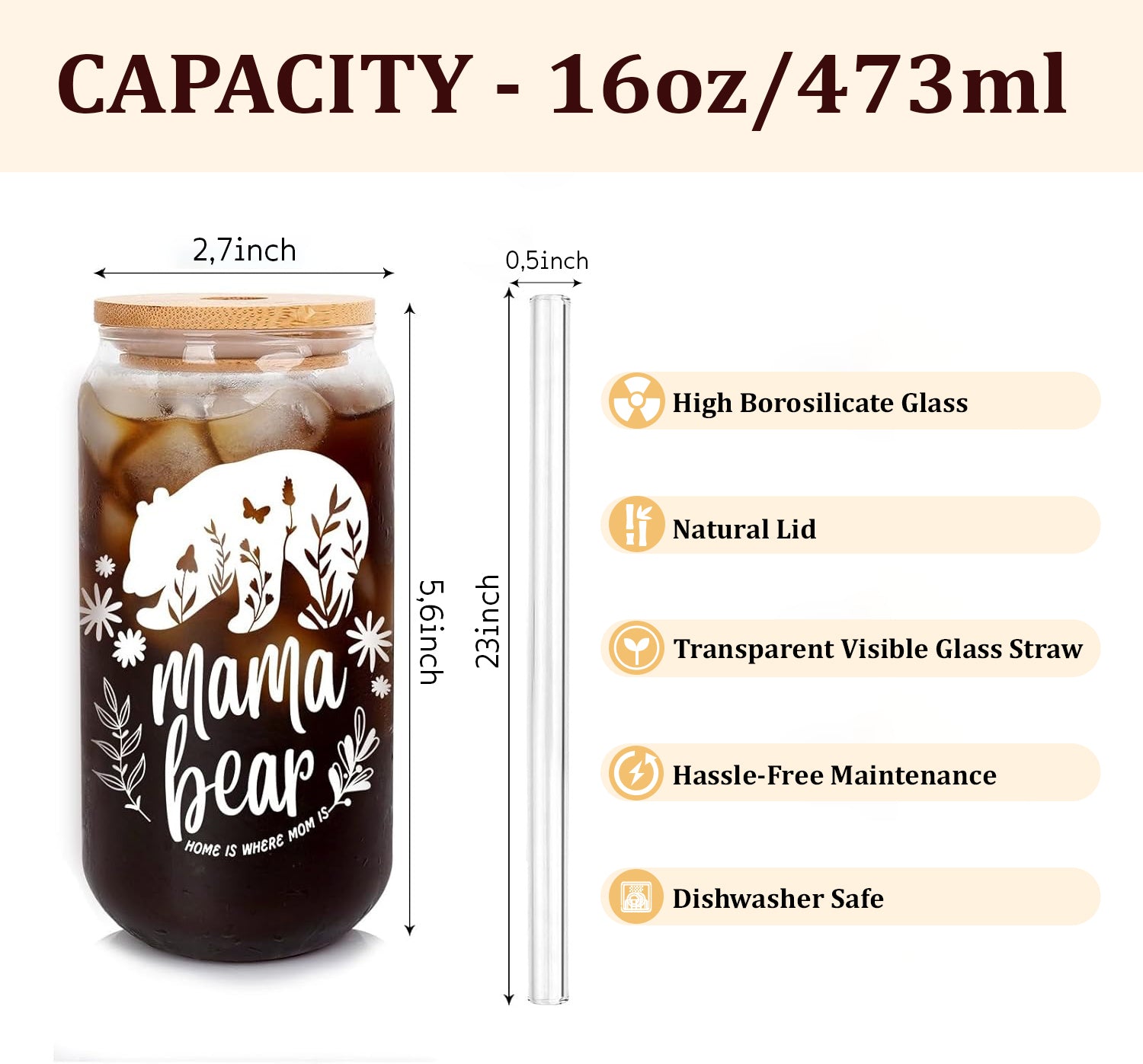 Mama and Grandma Bear - Borosilicate Glass Cup with Lid and Straw - Gift for Grandma and Mom, Special Grandma and Mom Appreciation Gift