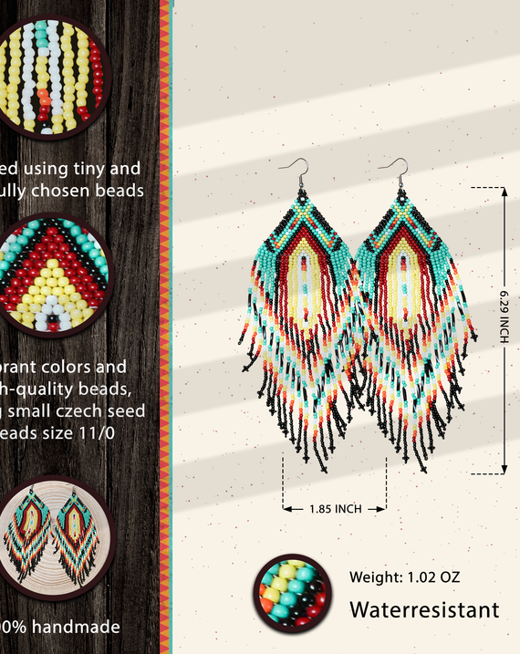 Sacred Feather Beaded Earrings – Vibrant Red, Green, and Yellow with Black Tassels