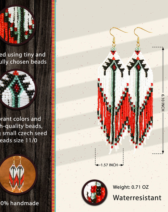 Handmade Native Beaded Tassel Earrings – Red, White, and Green
