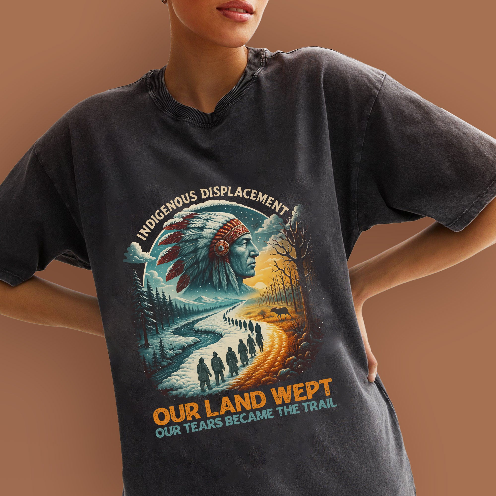 Indigenous Displacement – Tears Become The Trail Unisex Mineral Washed T-Shirt