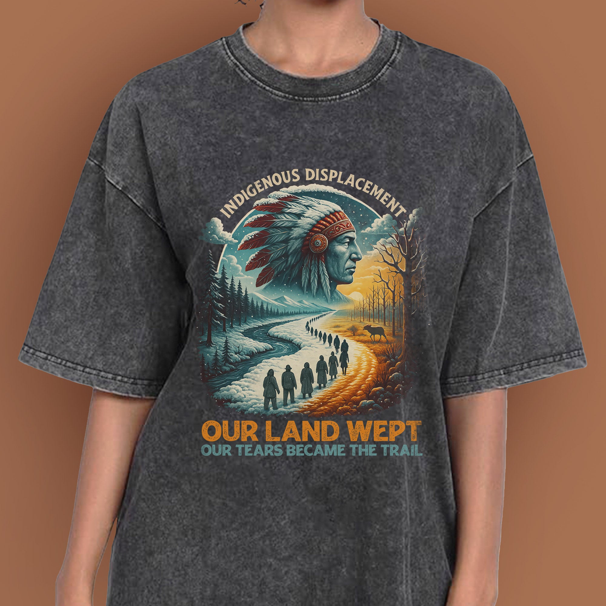 Indigenous Displacement – Tears Become The Trail Unisex Mineral Washed T-Shirt