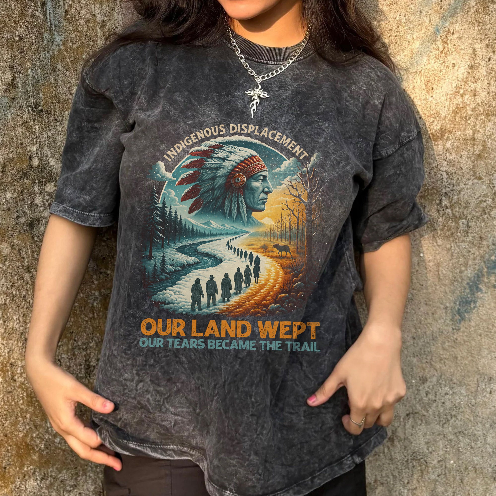 Indigenous Displacement – Tears Become The Trail Unisex Mineral Washed T-Shirt