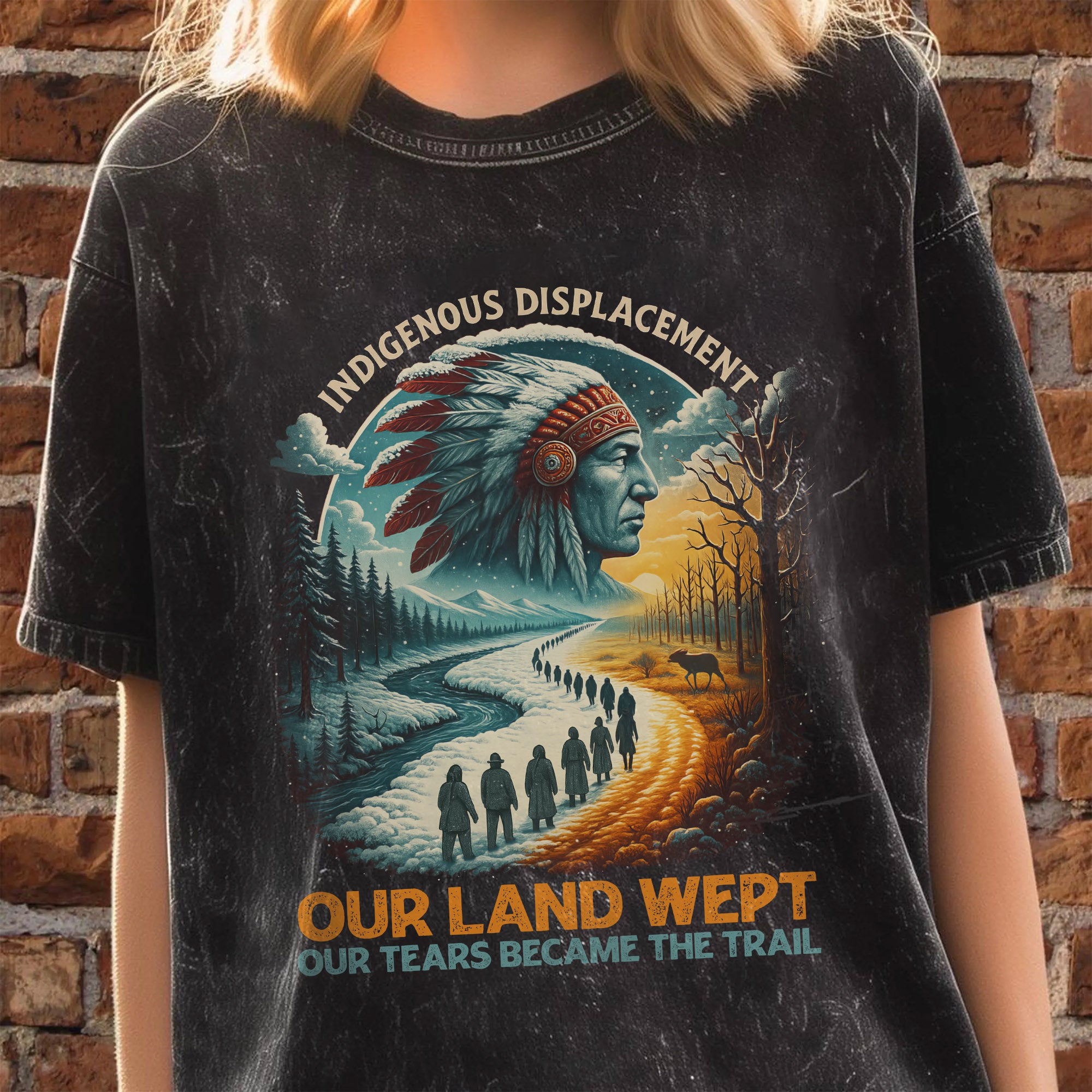 Indigenous Displacement – Tears Become The Trail Unisex Mineral Washed T-Shirt