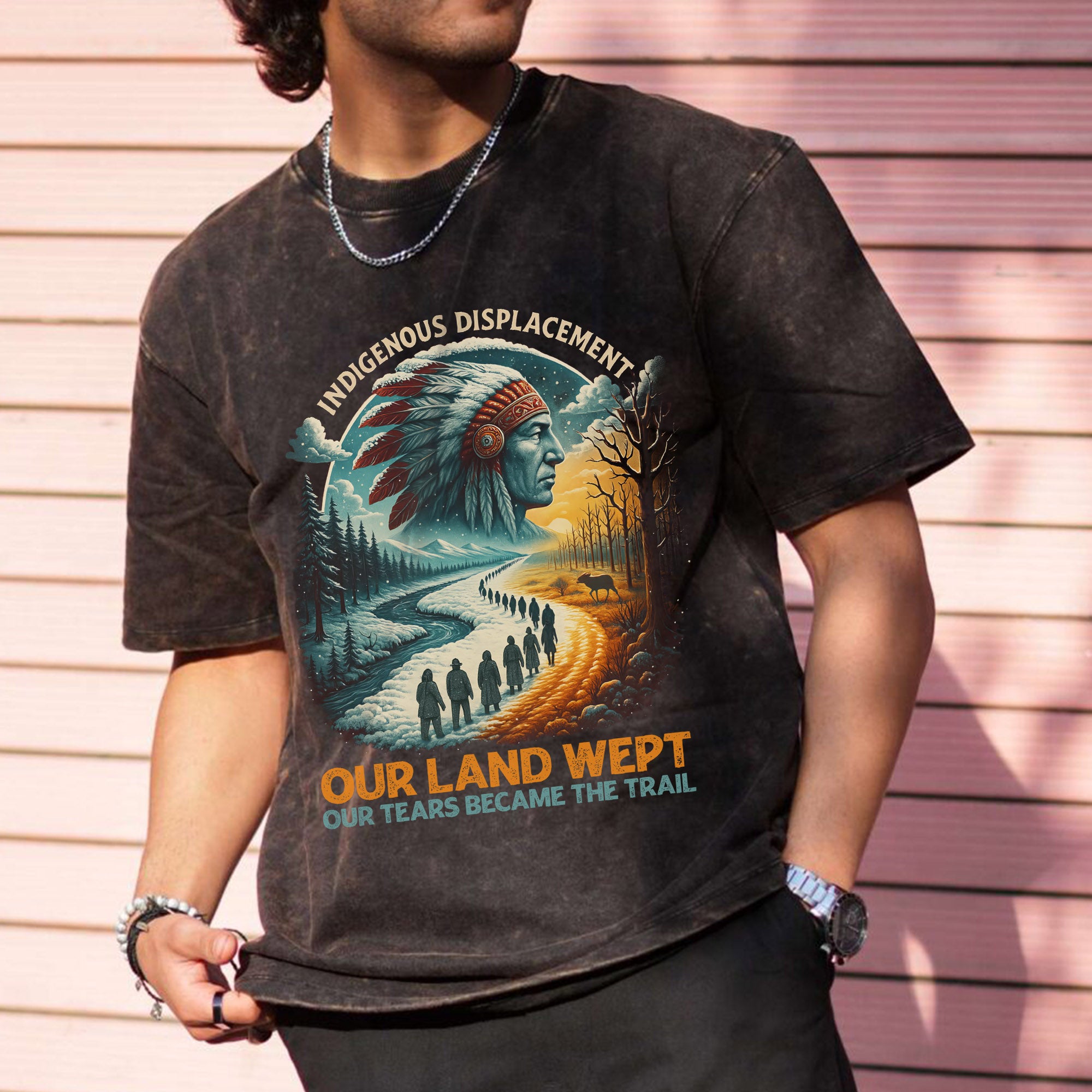 Indigenous Displacement – Tears Become The Trail Unisex Mineral Washed T-Shirt