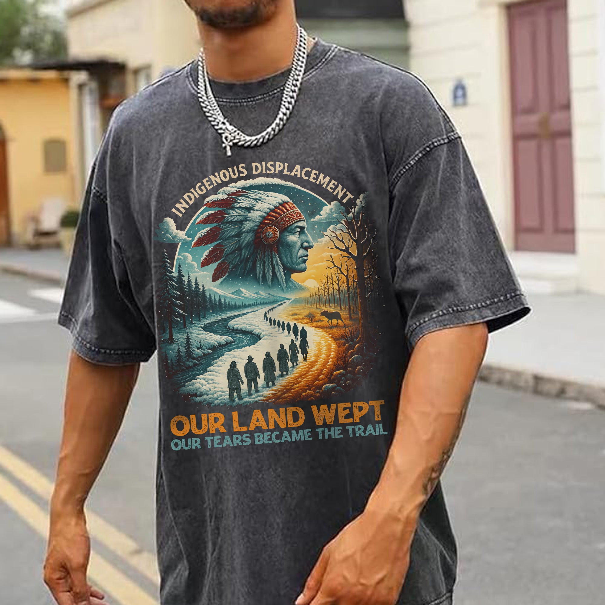 Indigenous Displacement – Tears Become The Trail Unisex Mineral Washed T-Shirt