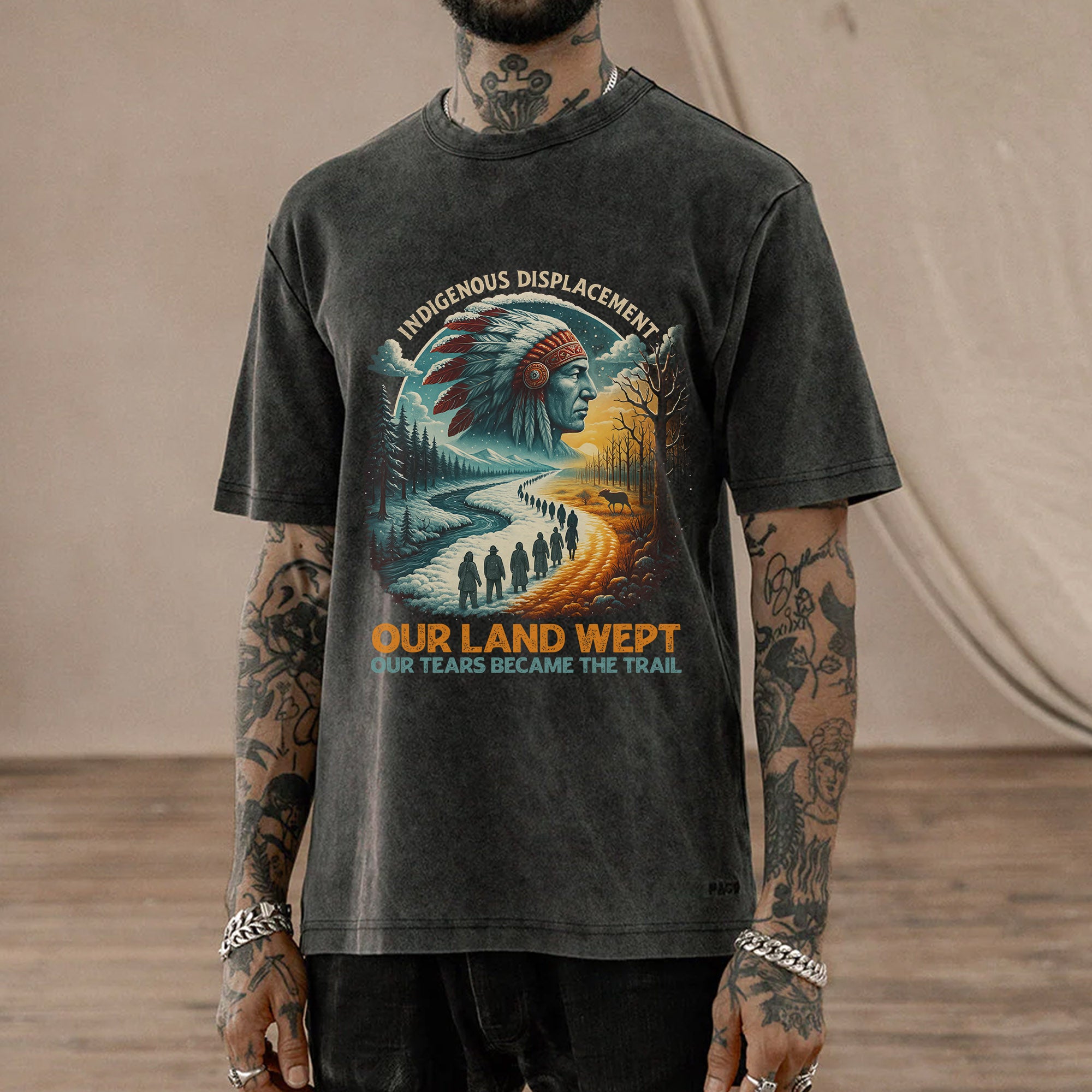 Indigenous Displacement – Tears Become The Trail Unisex Mineral Washed T-Shirt