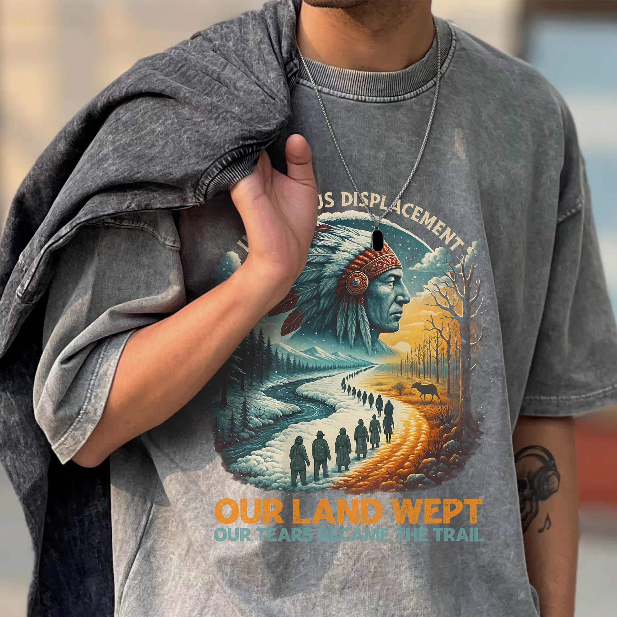 Indigenous Displacement – Tears Become The Trail Unisex Mineral Washed T-Shirt