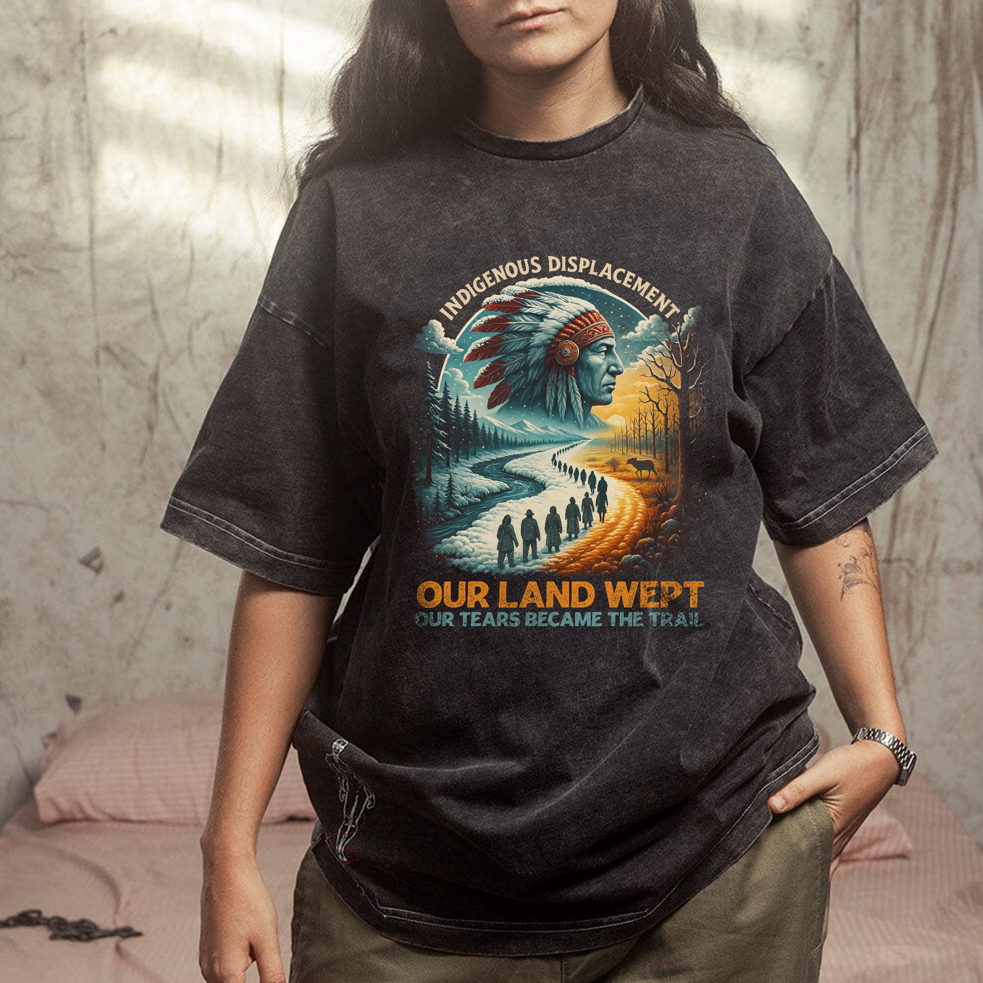 Indigenous Displacement – Tears Become The Trail Unisex Mineral Washed T-Shirt