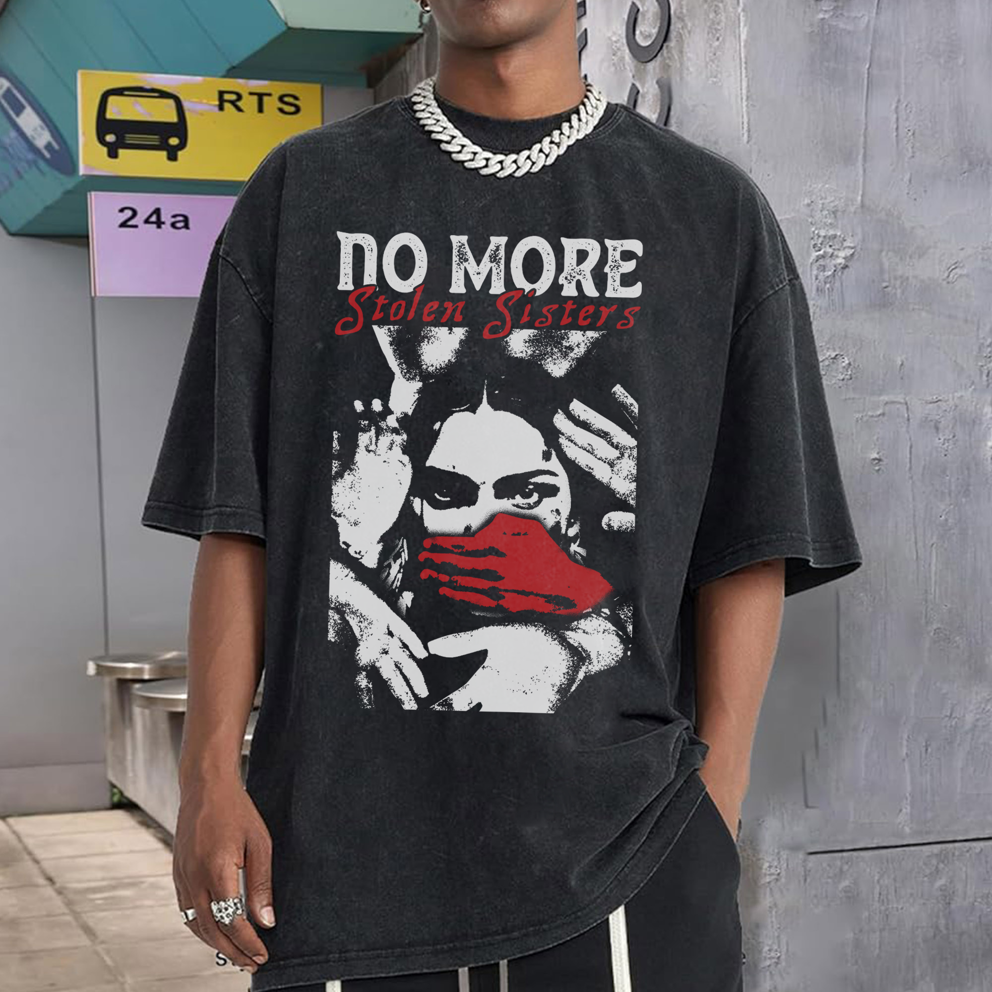 No More Stolen Sisters Red Hand – MMIW Unisex Mineral Washed T-Shirt