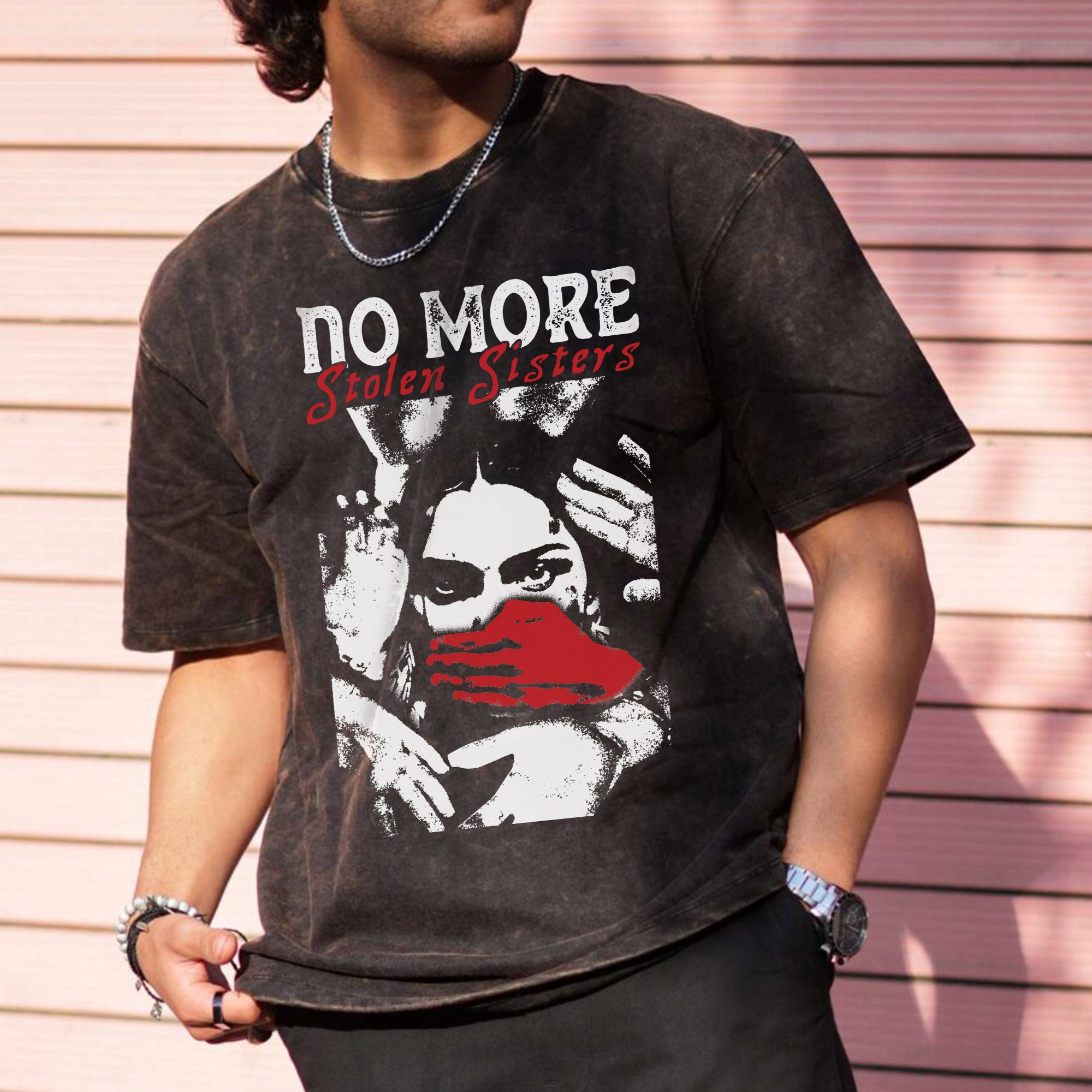 No More Stolen Sisters Red Hand – MMIW Unisex Mineral Washed T-Shirt