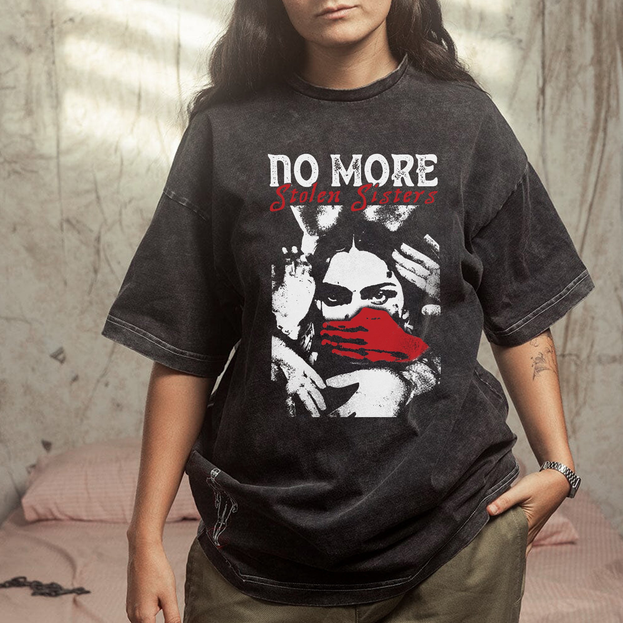 No More Stolen Sisters - Indigenous Women Red Hand Unisex Mineral Washed T-Shirt