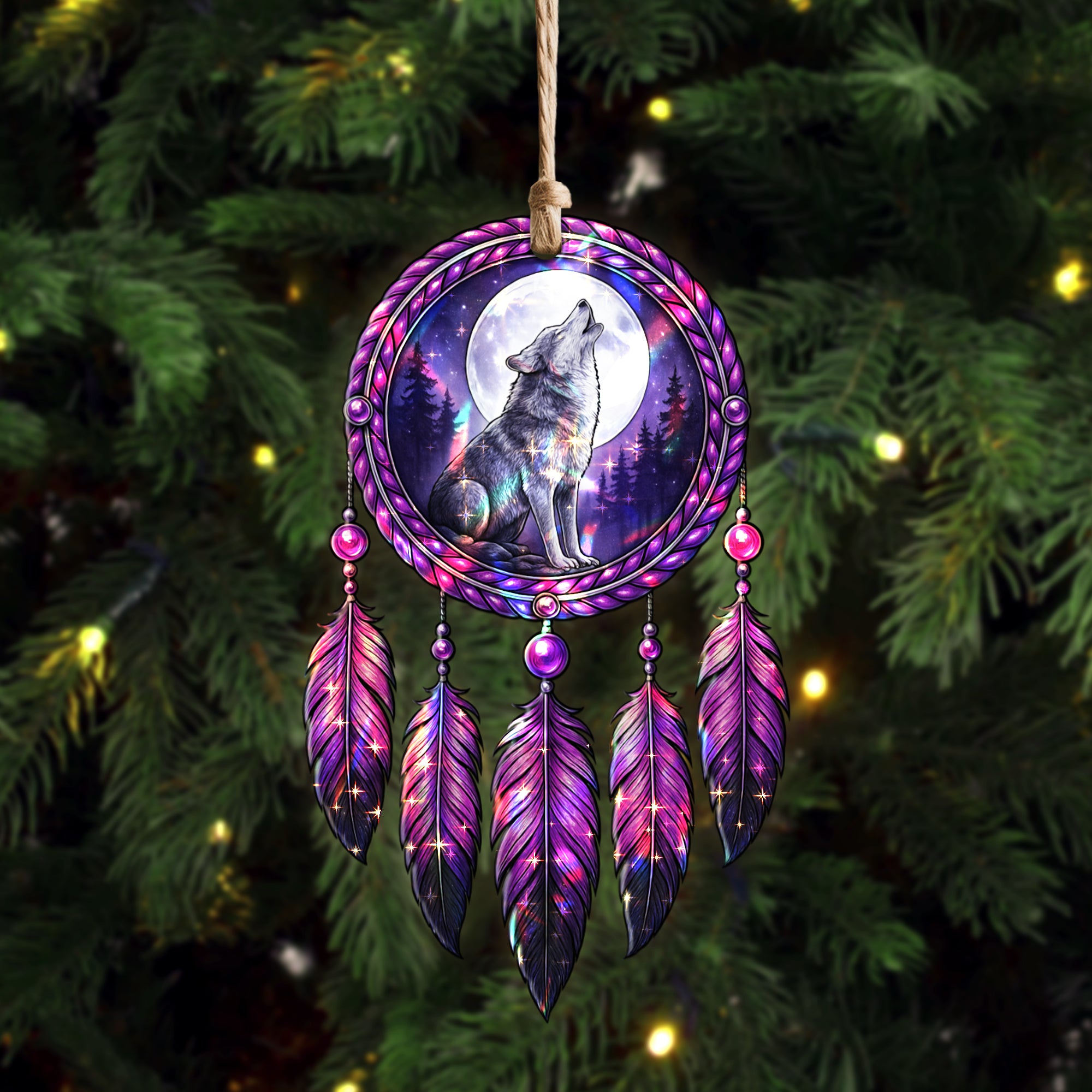 Moonlit Howling Wolf Dreamcatcher Ornament Unique Christmas Gift Decor Flat Hologram Acrylic