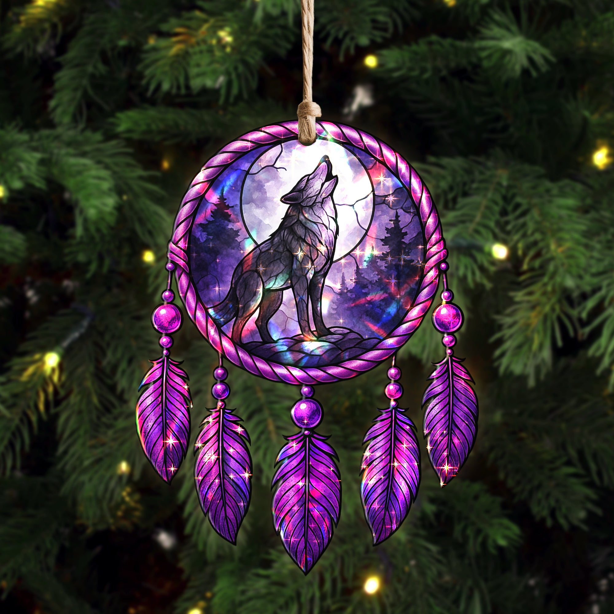 Moonlit Howling Wolf Dreamcatcher Ornament Unique Christmas Gift Decor Flat Hologram Acrylic