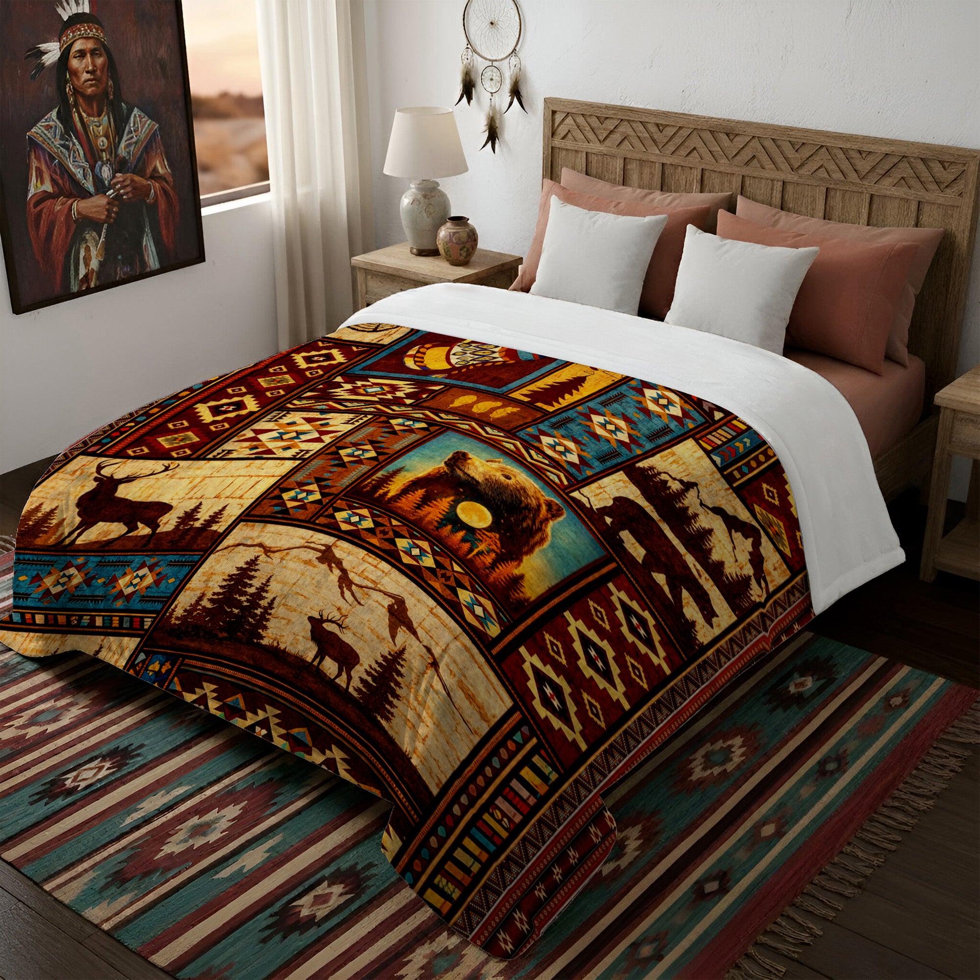 Native Wildlife Patchwork Native Spirit Art Fleece Blanket