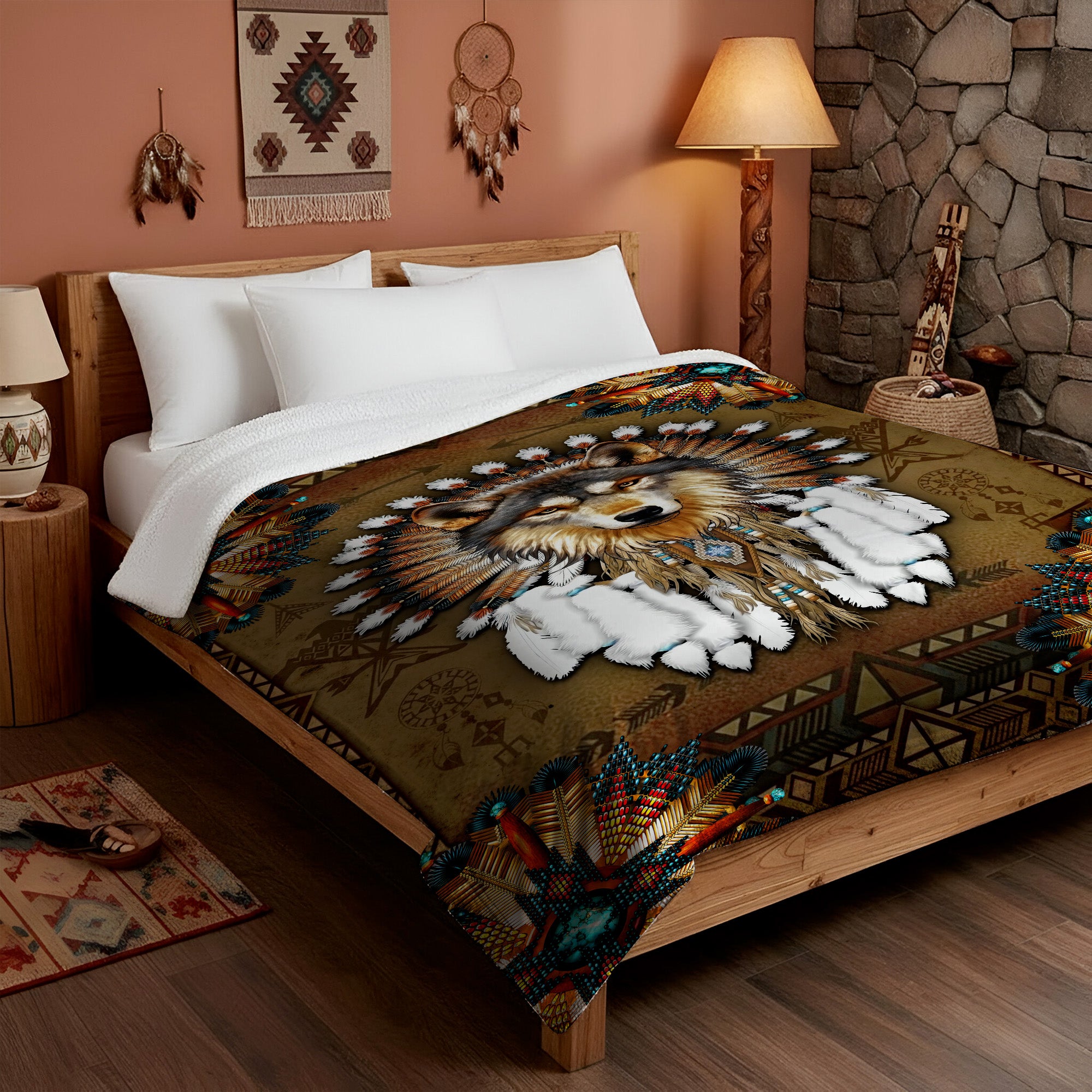 The Quiet Guardian Wolf Native American Soft and Warm Fleece Blanket