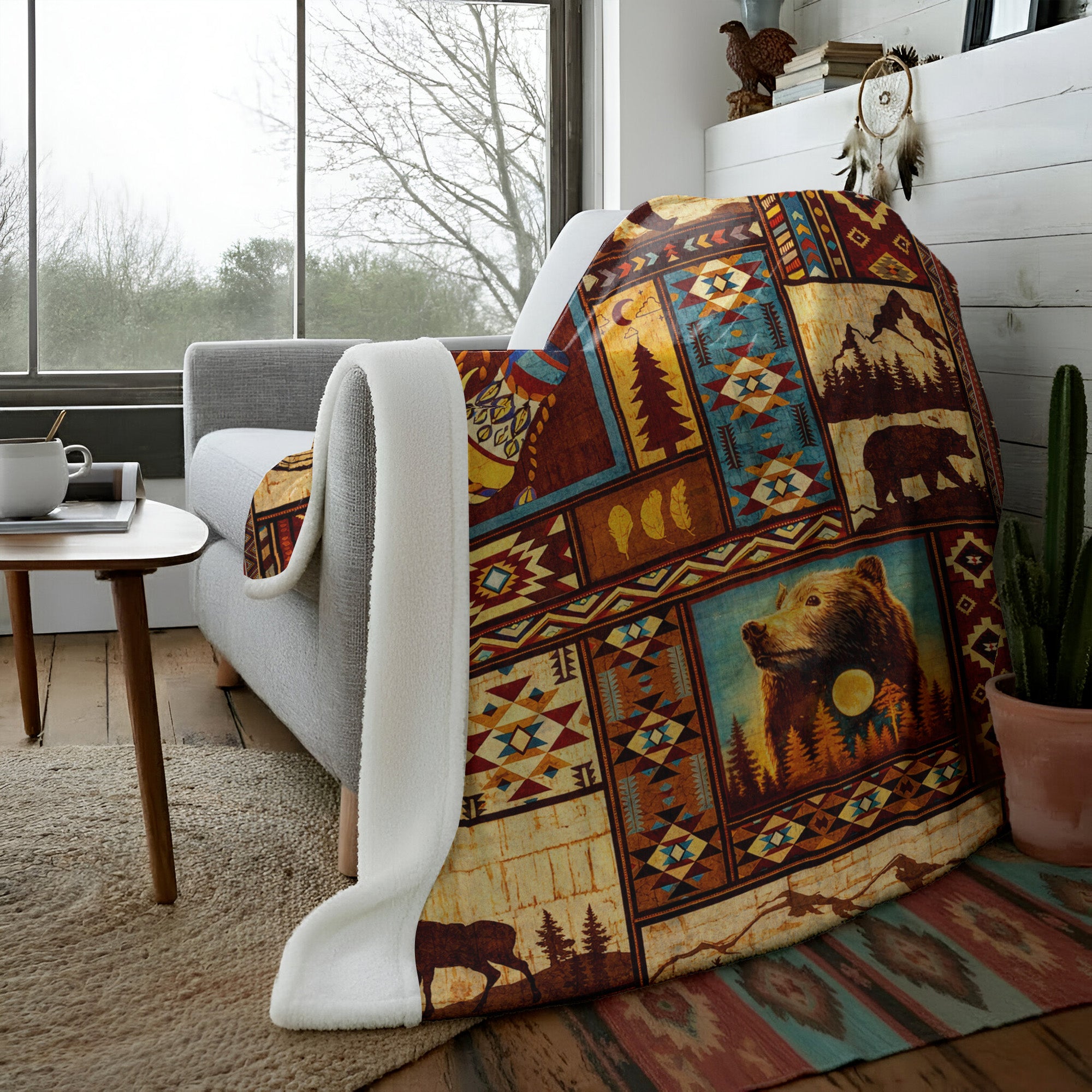 Native Wildlife Patchwork Native Spirit Art Fleece Blanket
