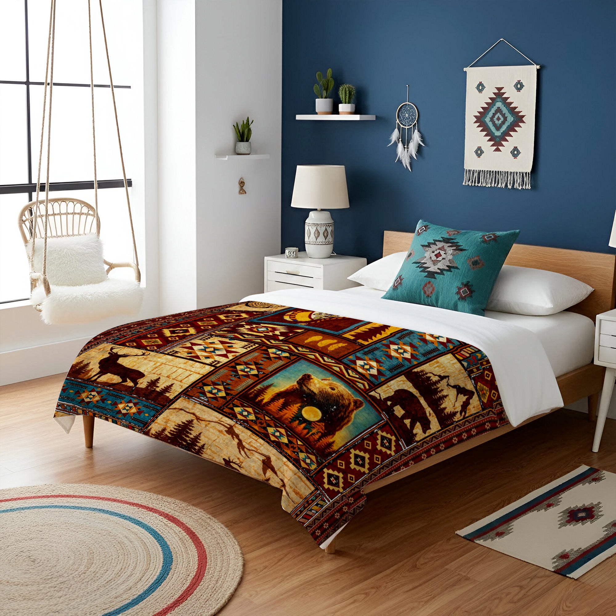 Native Wildlife Patchwork Native Spirit Art Fleece Blanket