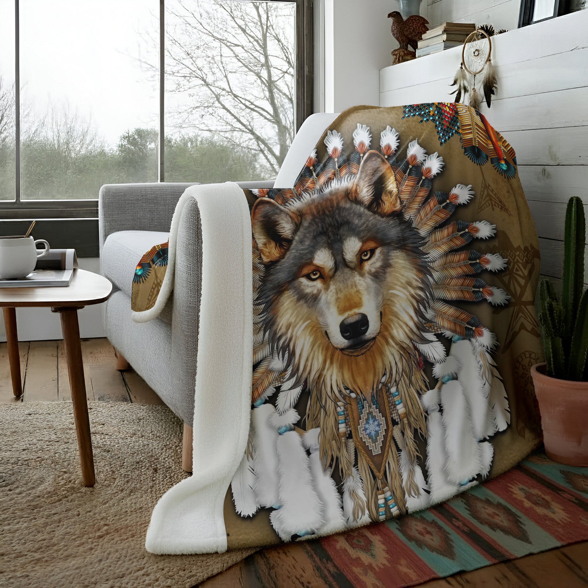 The Quiet Guardian Wolf Native American Soft and Warm Fleece Blanket