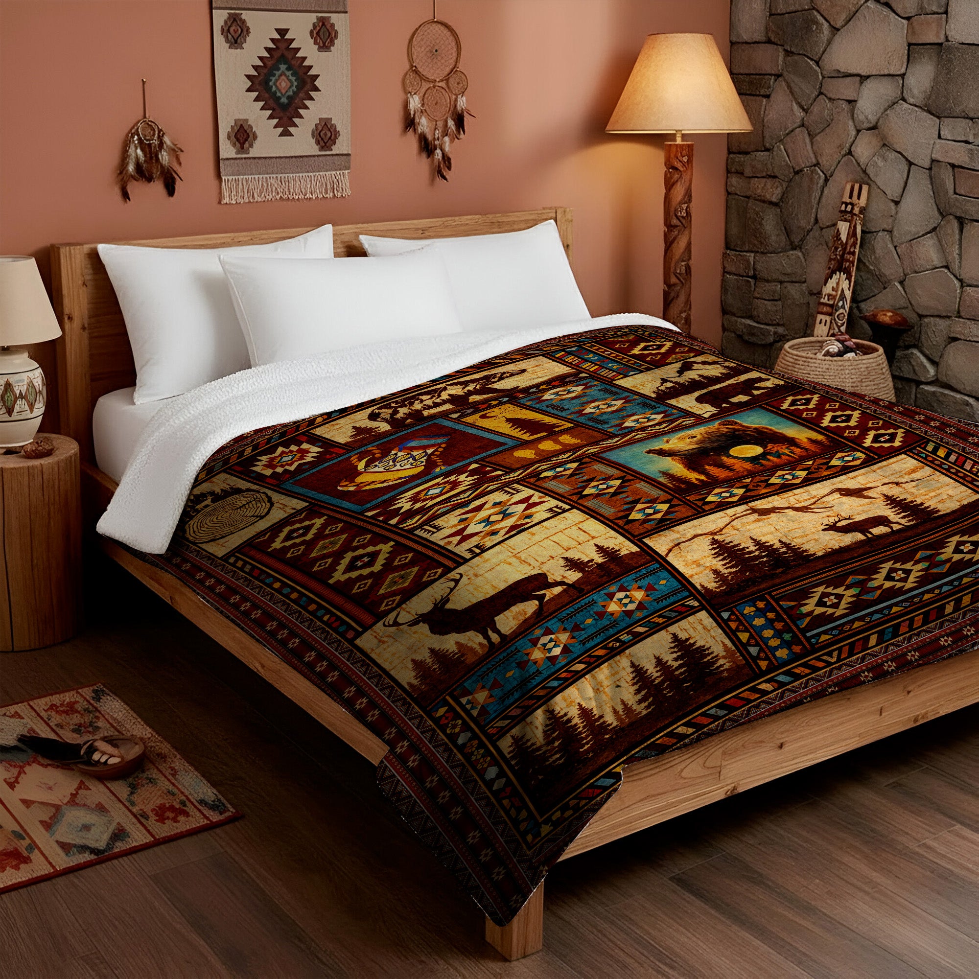 Native Wildlife Patchwork Native Spirit Art Fleece Blanket