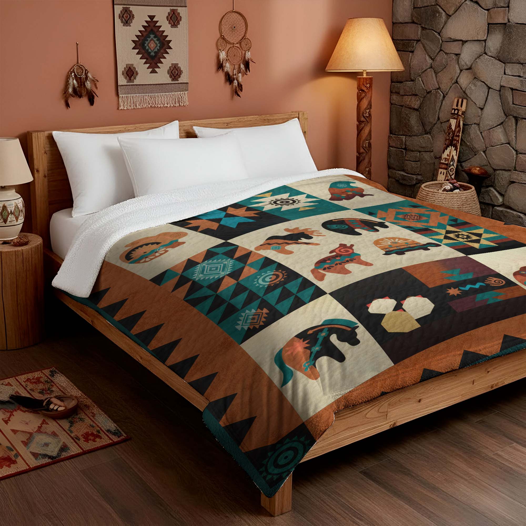 Native American Spirit Animals Patchwork Quilt Soft and Warm Fleece Blanket