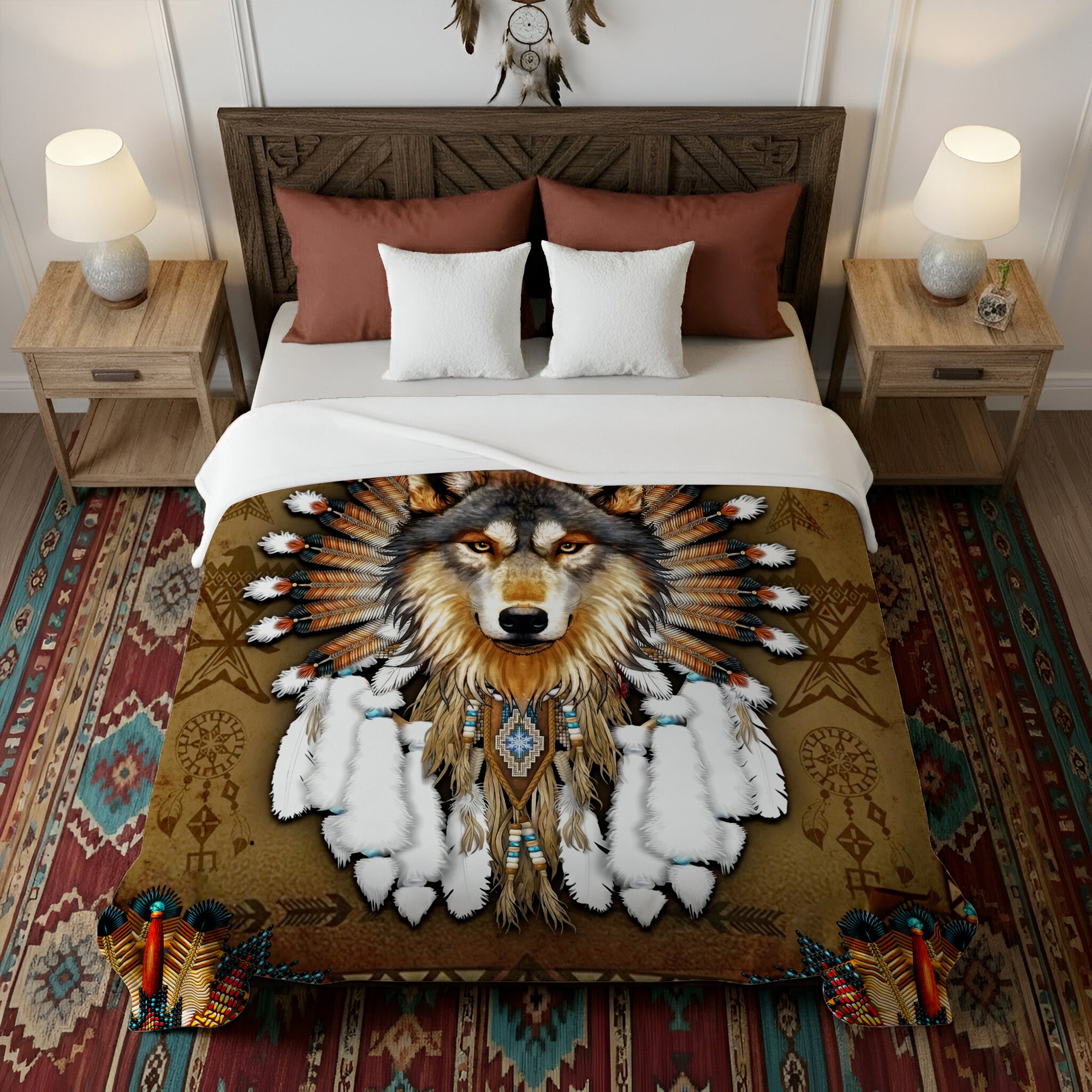 The Quiet Guardian Wolf Native American Soft and Warm Fleece Blanket