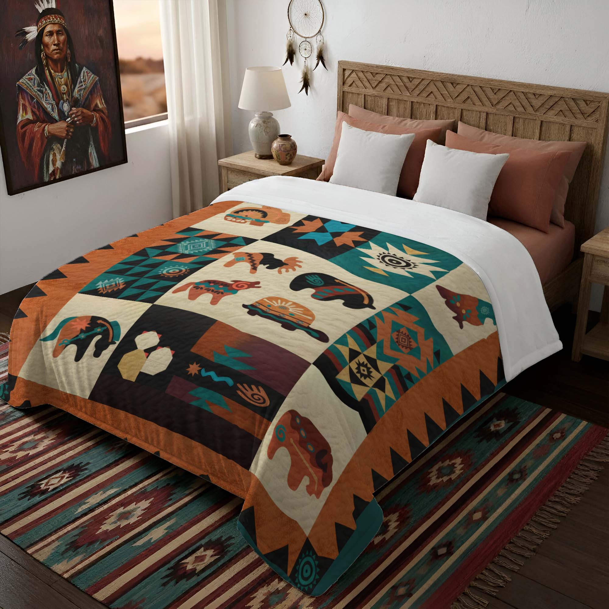 Native American Spirit Animals Patchwork Quilt Soft and Warm Fleece Blanket