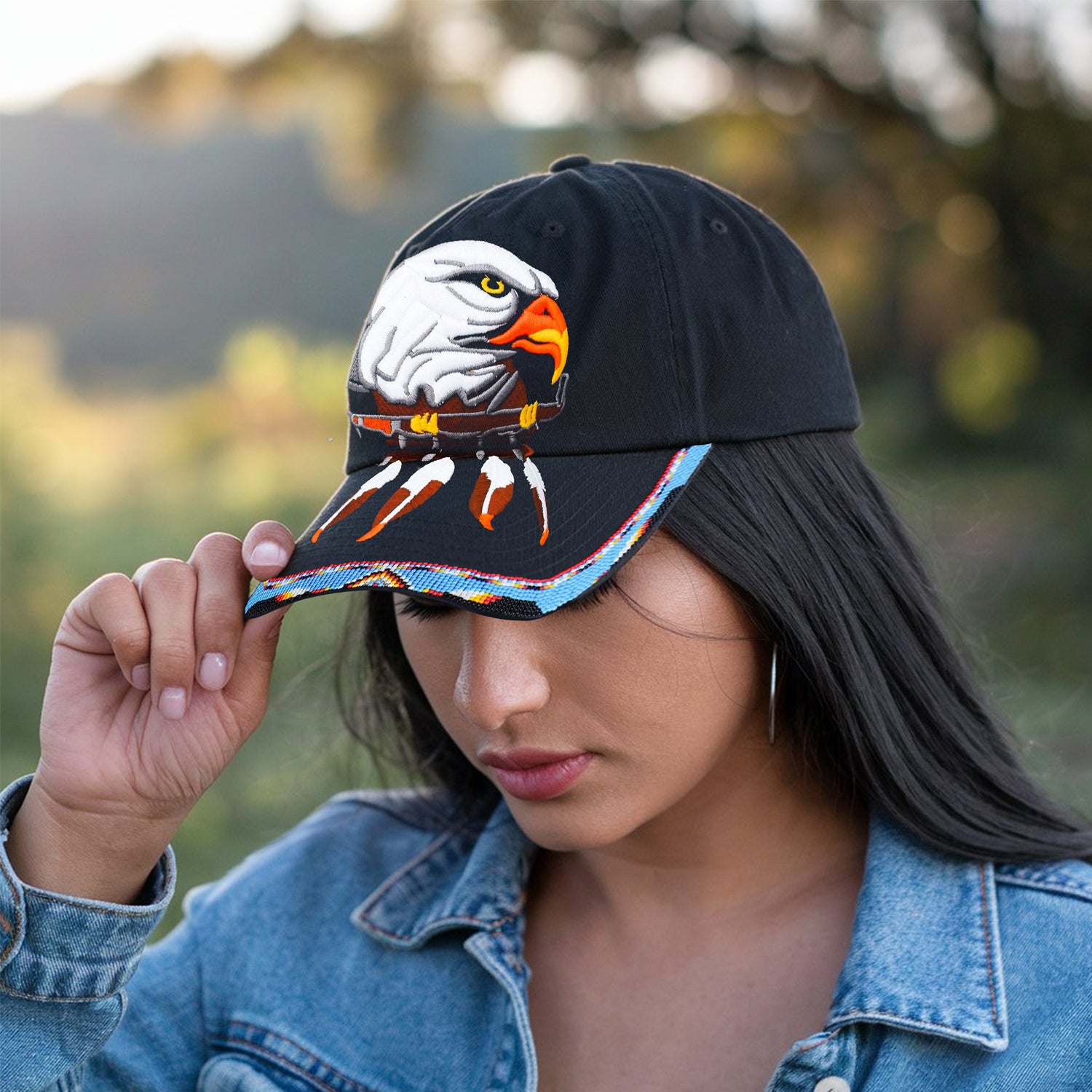 SALE 50% OFF  - Eagle With Pipe Embroidered  Beaded Baseball Cap With Brim Unisex Native American Style