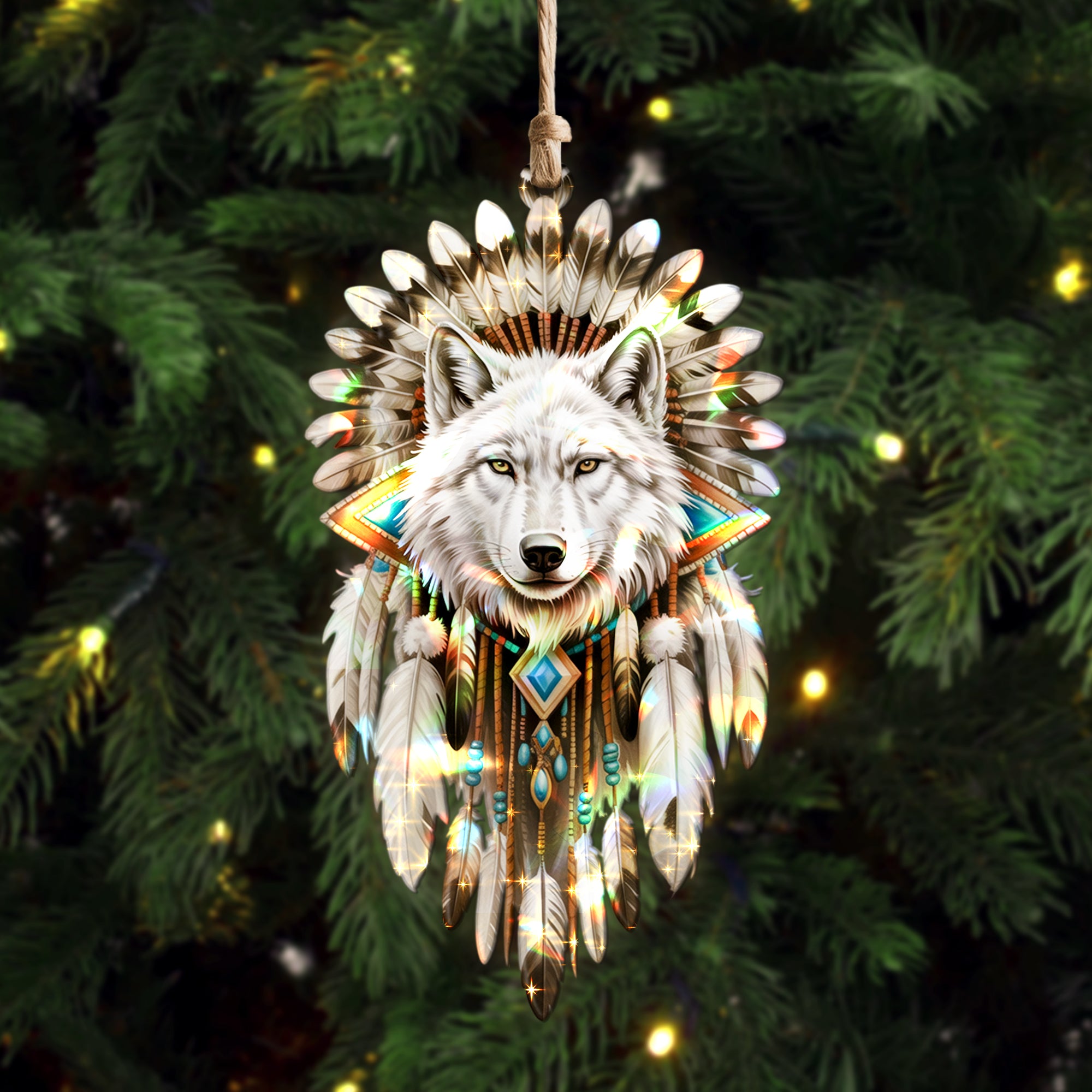Native American Wolf Dreamcatcher Hologram Acrylic Christmas Ornament Unique Gift Decor