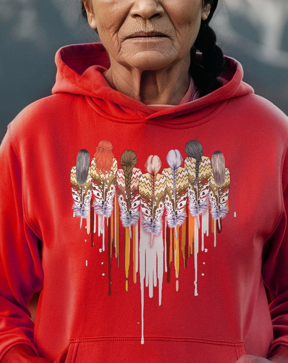 Native American Women Feather Heart Unisex RED Hoodie/Sweatshirt/T-Shirt