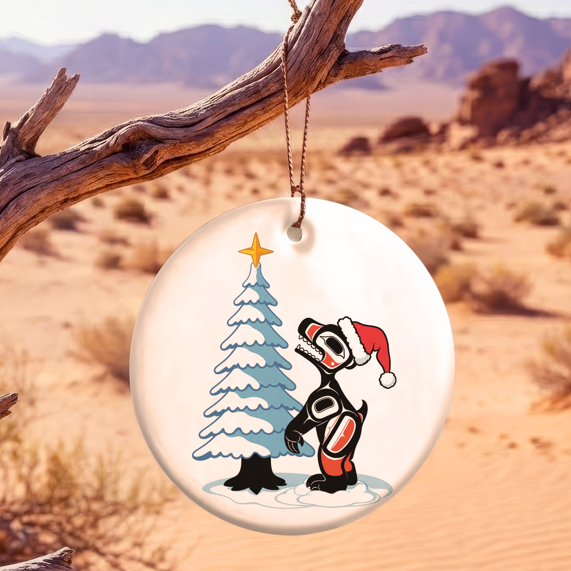Native Tribal Bear and Tree Christmas Ceramic Ornament - Indigenous Art Decor